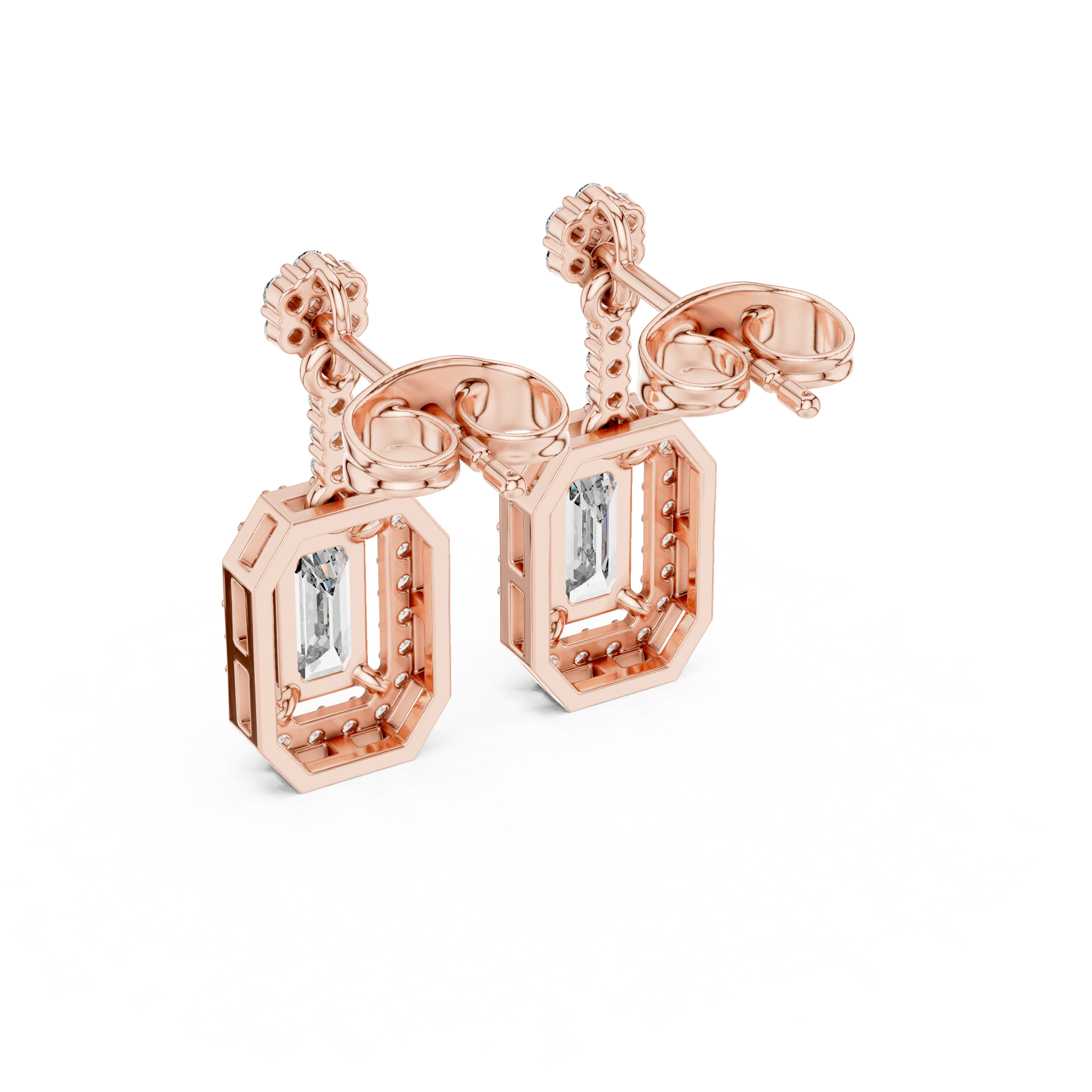 Emerald-Cut Diamond Halo Drop Earrings