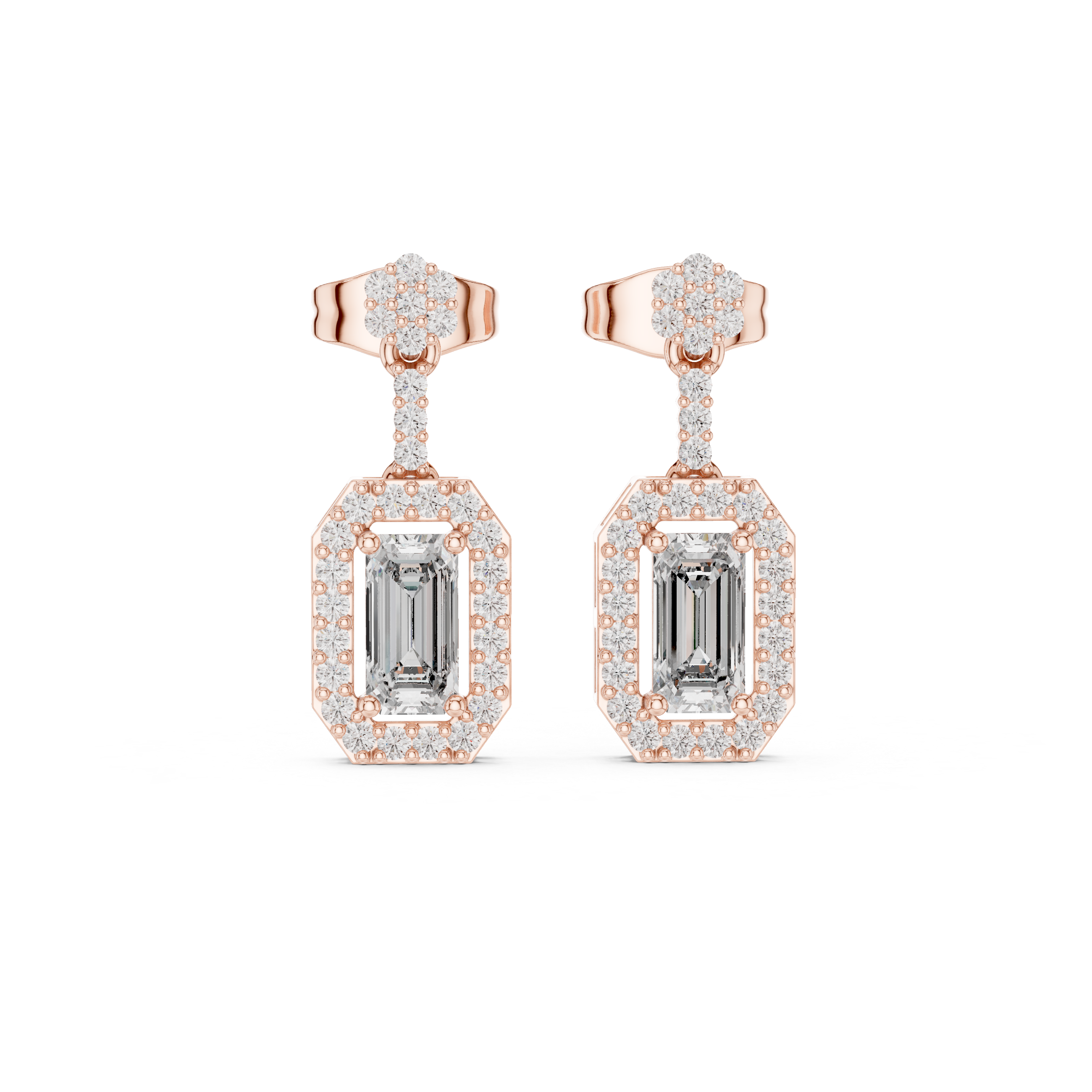 Emerald-Cut Diamond Halo Drop Earrings