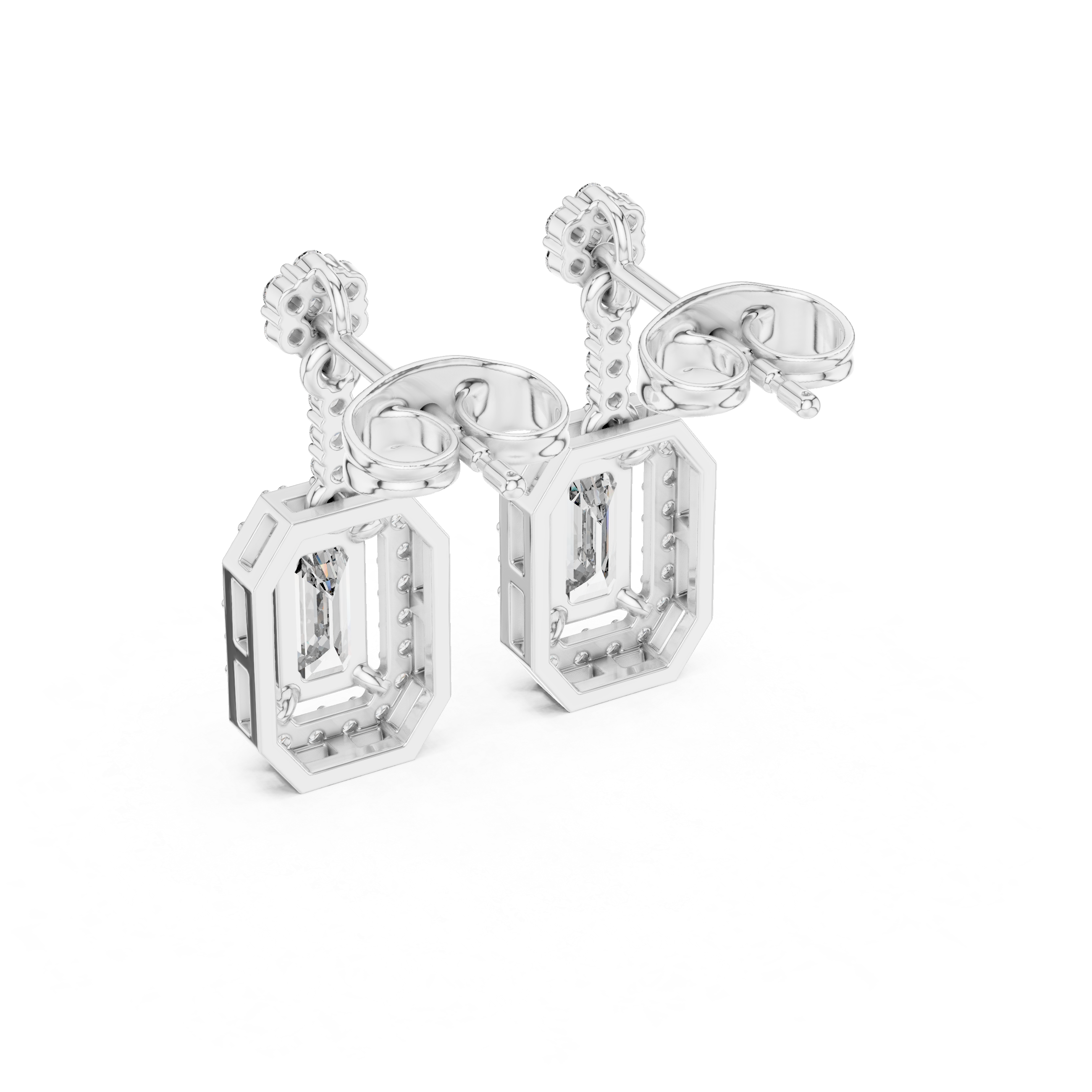 Emerald-Cut Diamond Halo Drop Earrings
