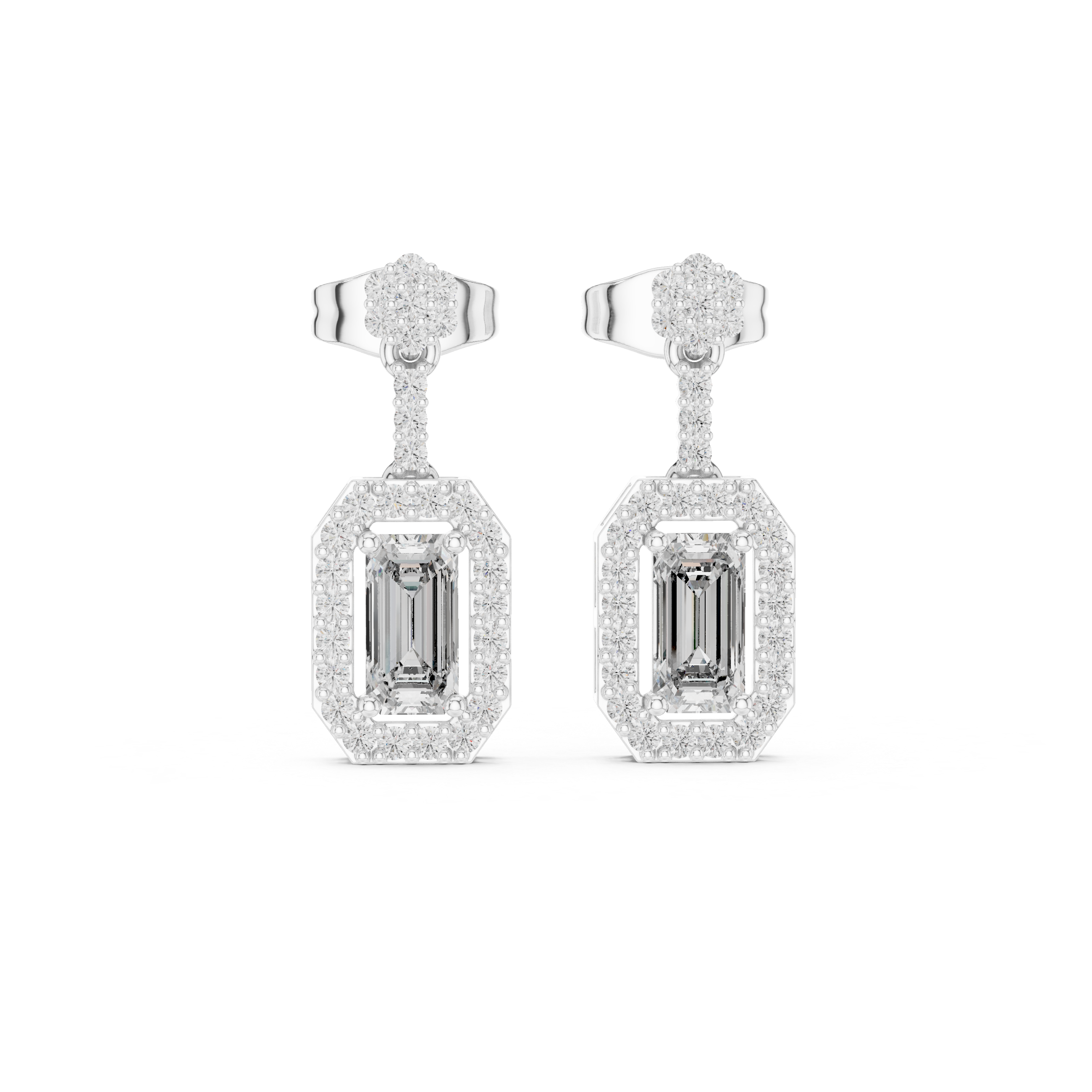 Emerald-Cut Diamond Halo Drop Earrings