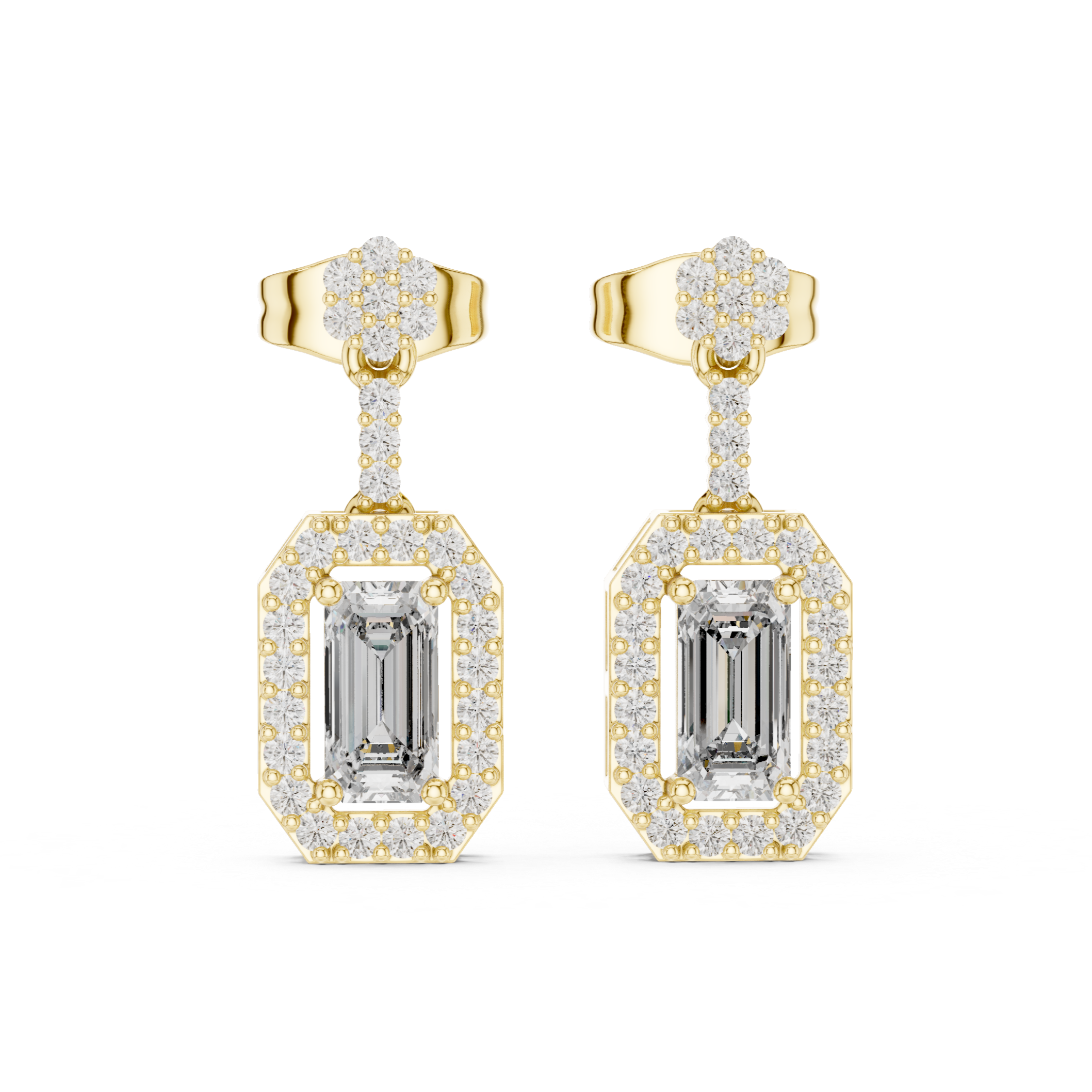 Emerald-Cut Diamond Halo Drop Earrings