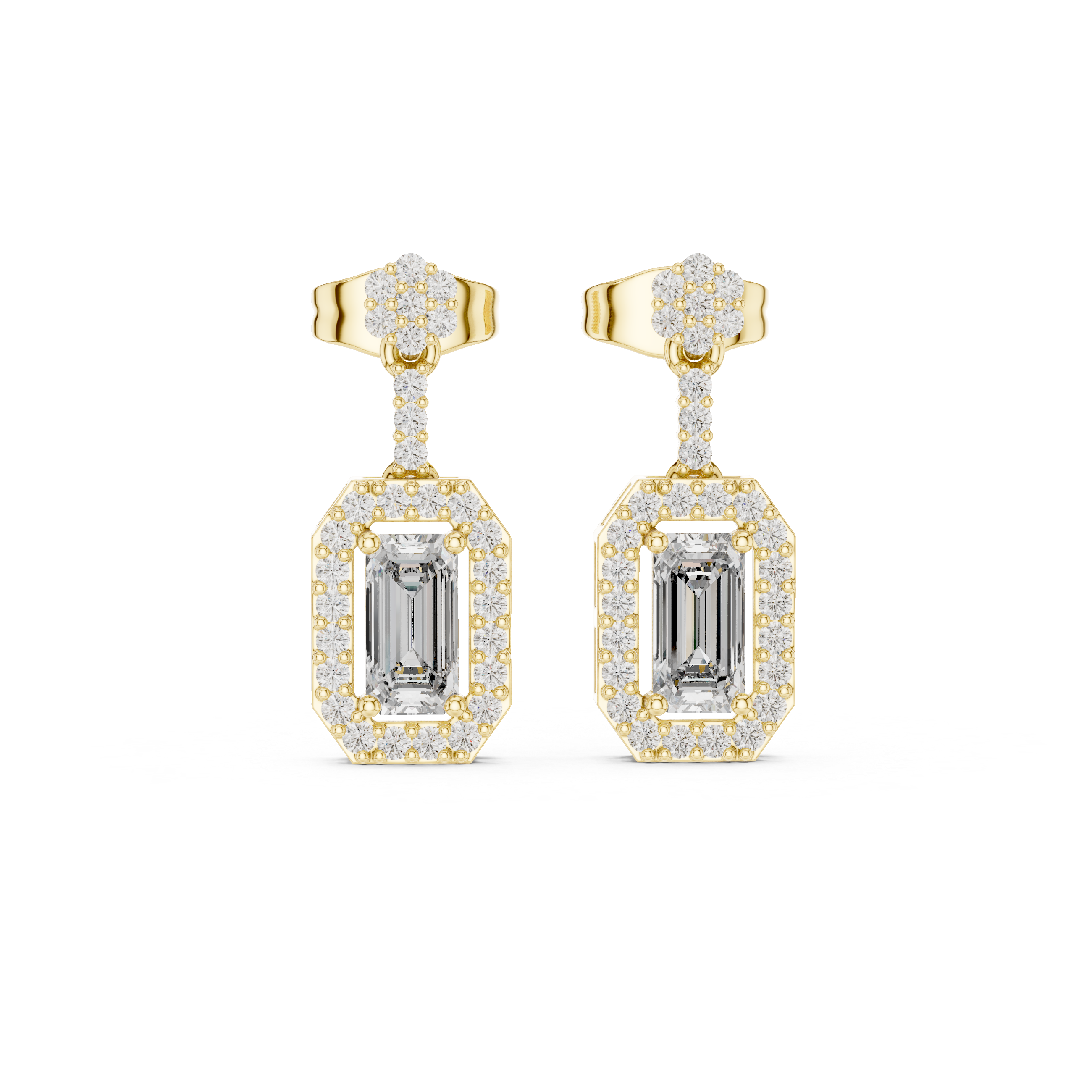 Emerald-Cut Diamond Halo Drop Earrings