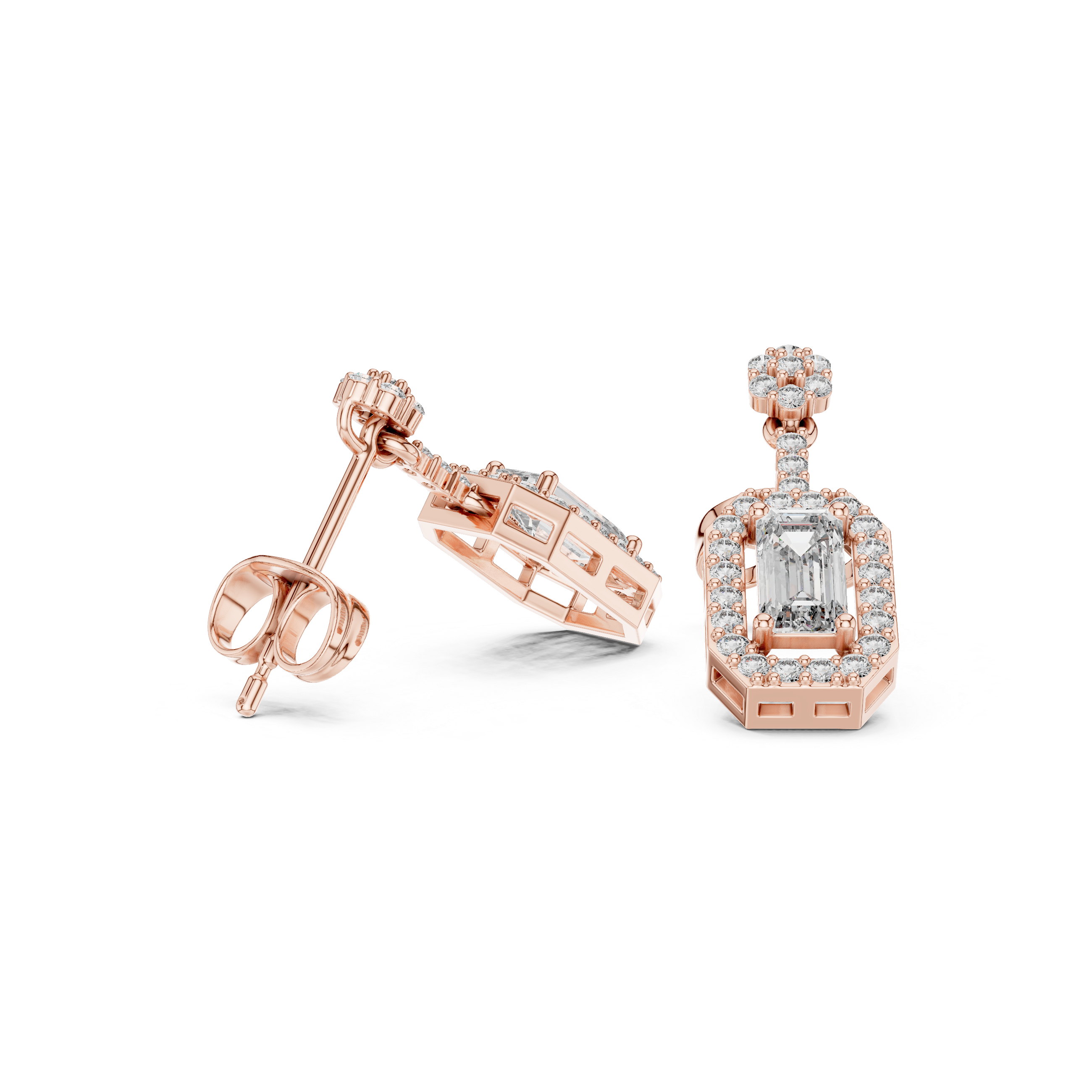 Emerald-Cut Diamond Halo Drop Earrings