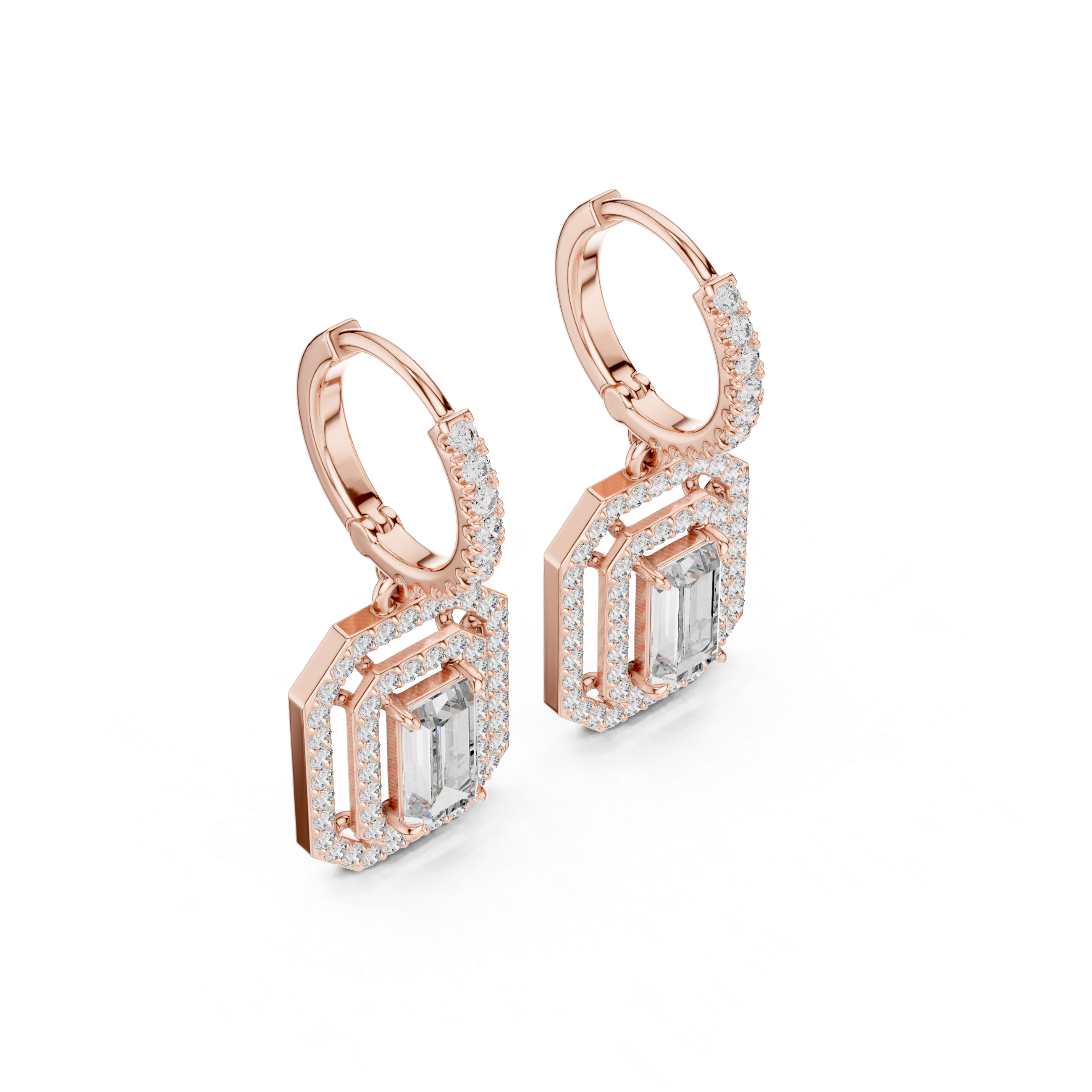 Geometric Double Halo Diamond Hoop Earrings