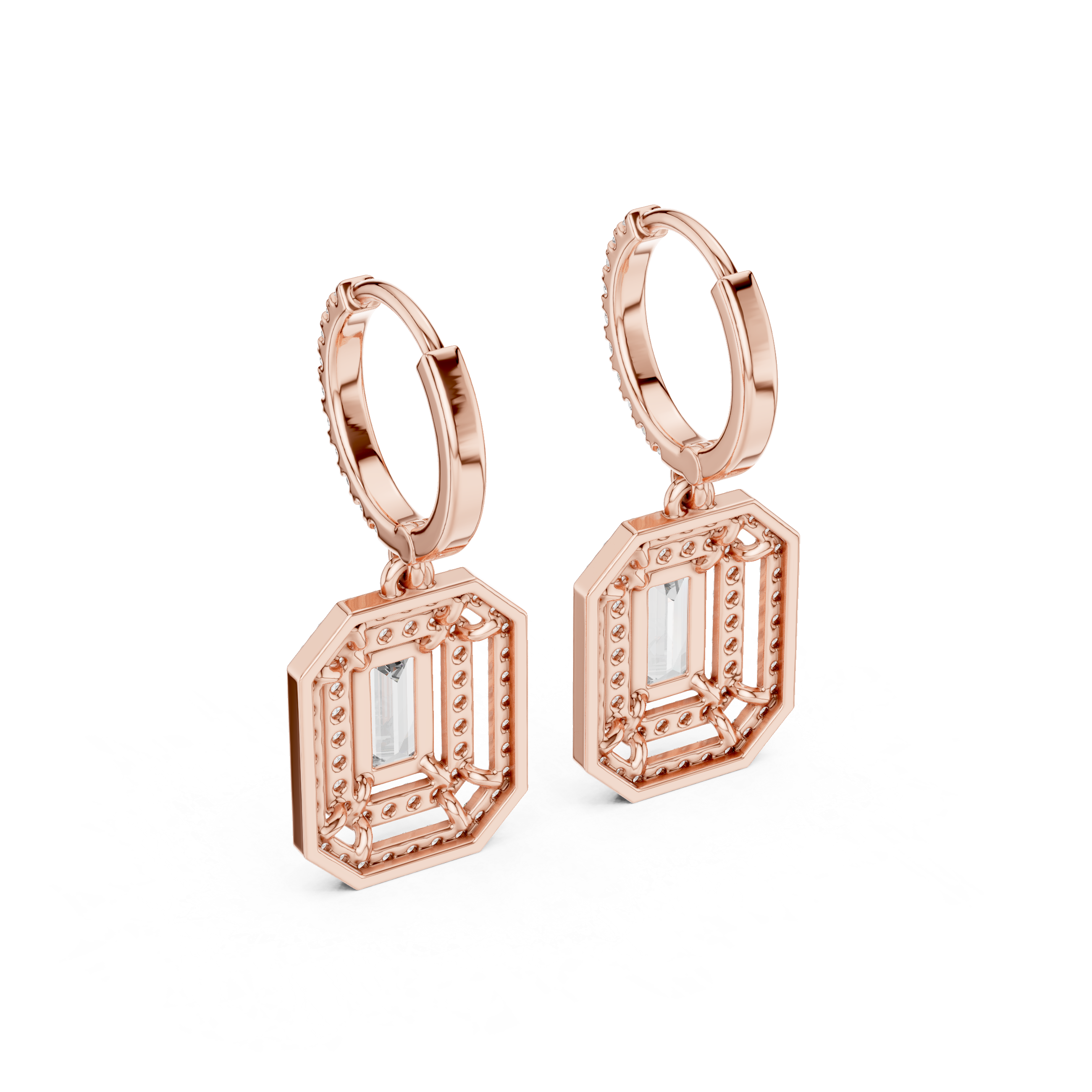 Geometric Double Halo Diamond Hoop Earrings