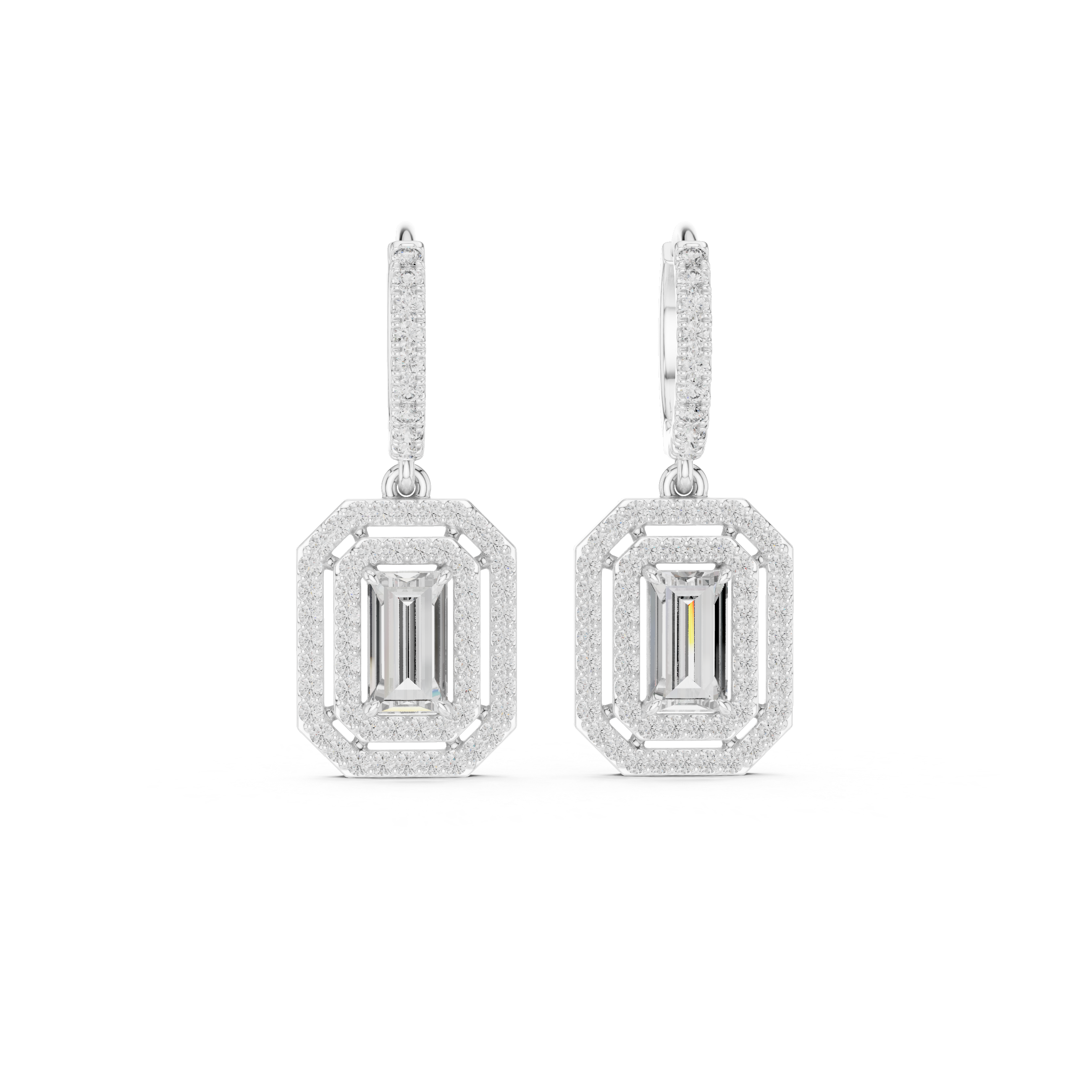 Geometric Double Halo Diamond Hoop Earrings