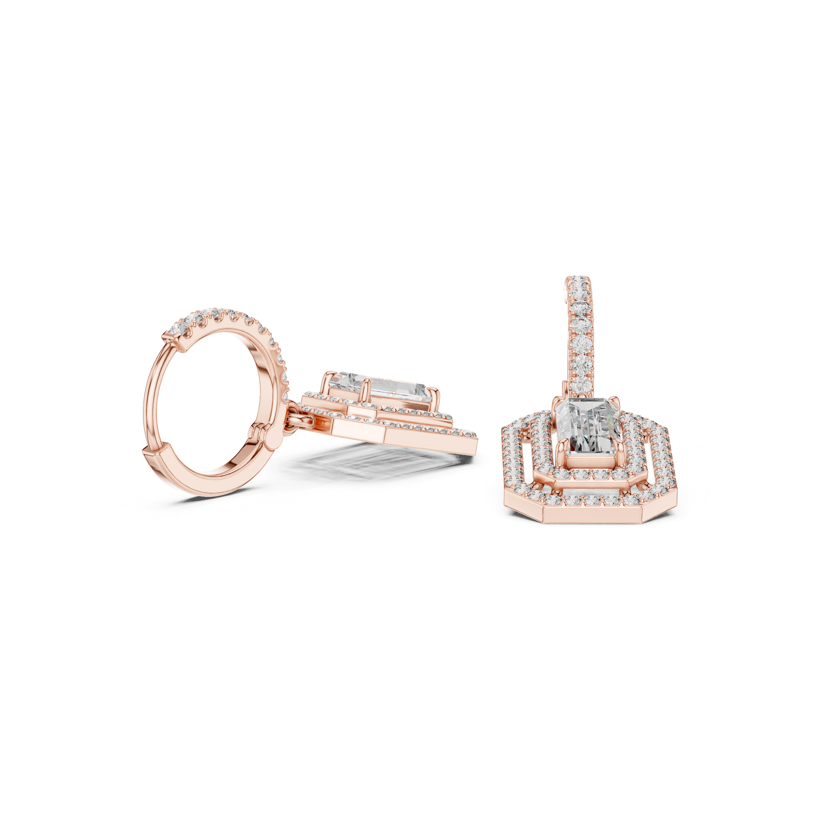 Geometric Double Halo Diamond Hoop Earrings