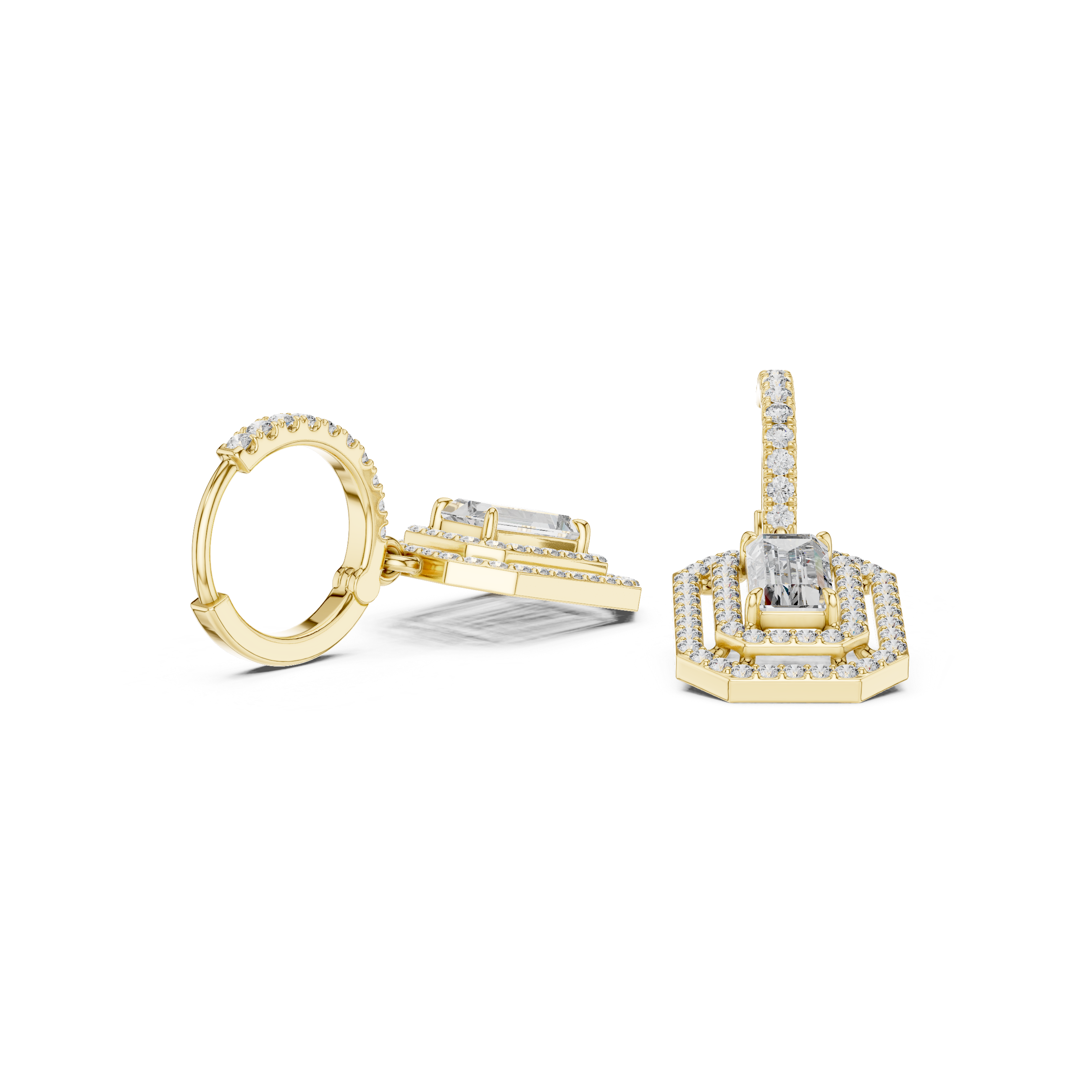Geometric Double Halo Diamond Hoop Earrings