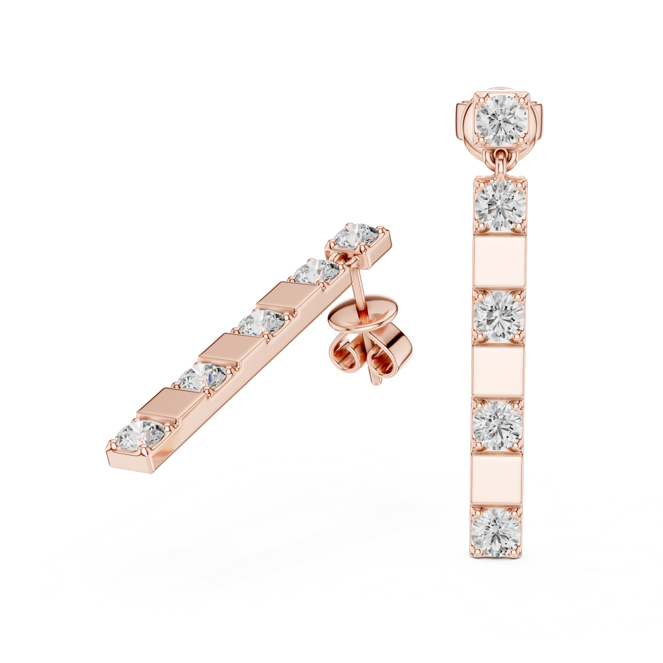 Elegant Rose Gold Bar Drop Earrings with Round Cut Diamonds