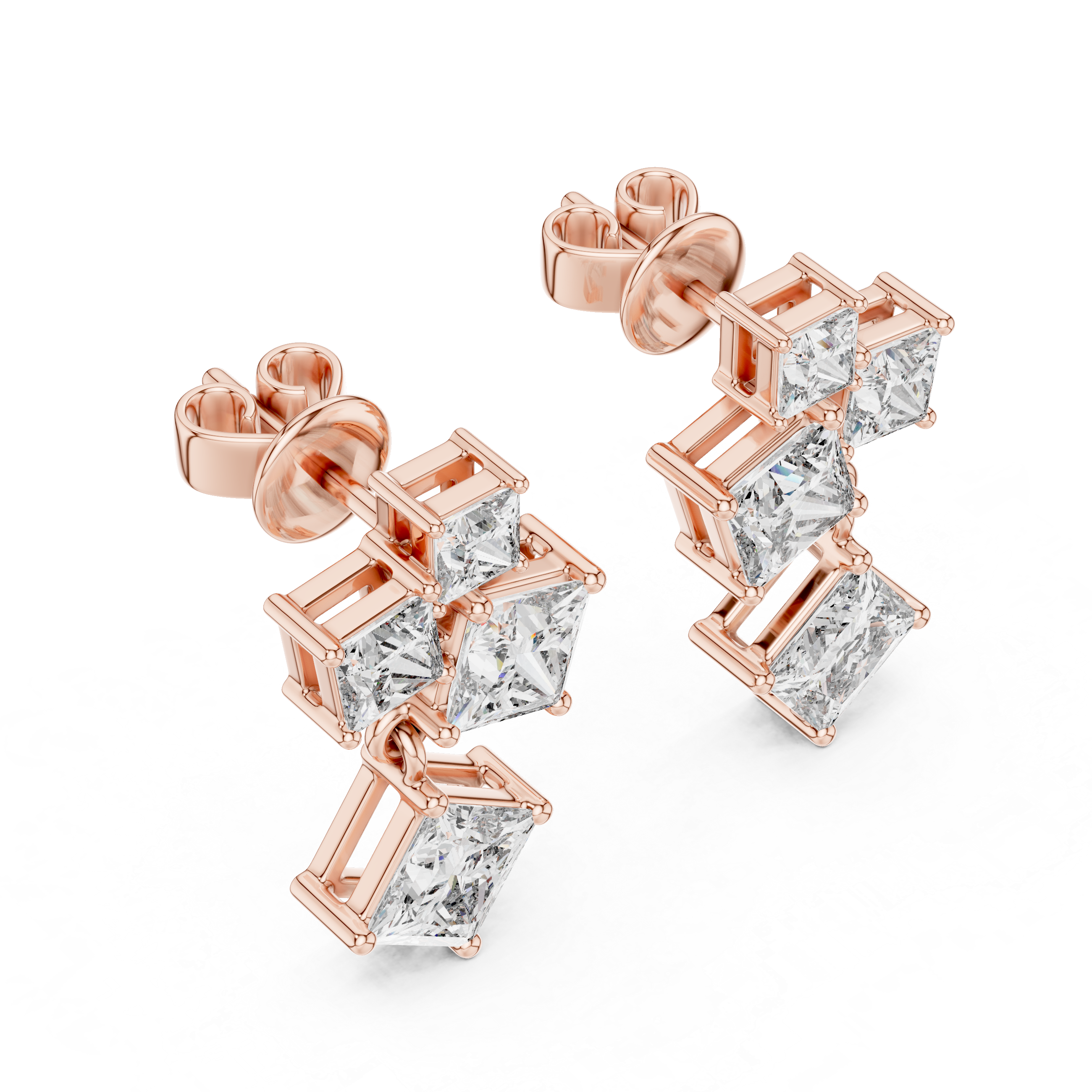 Radiant Geometry: Princess Cut Diamond Rose Gold Earrings.