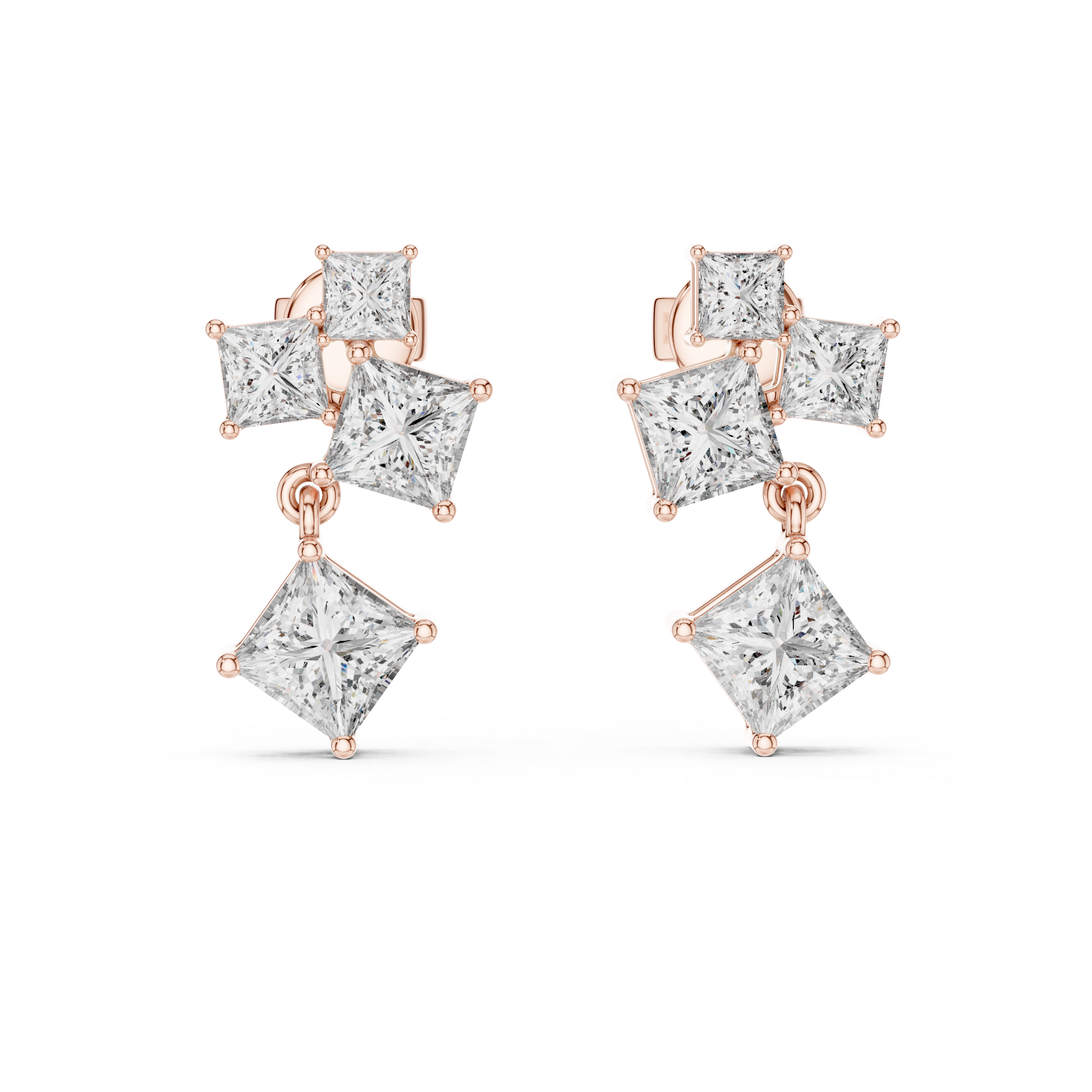 Radiant Geometry: Princess Cut Diamond Rose Gold Earrings.