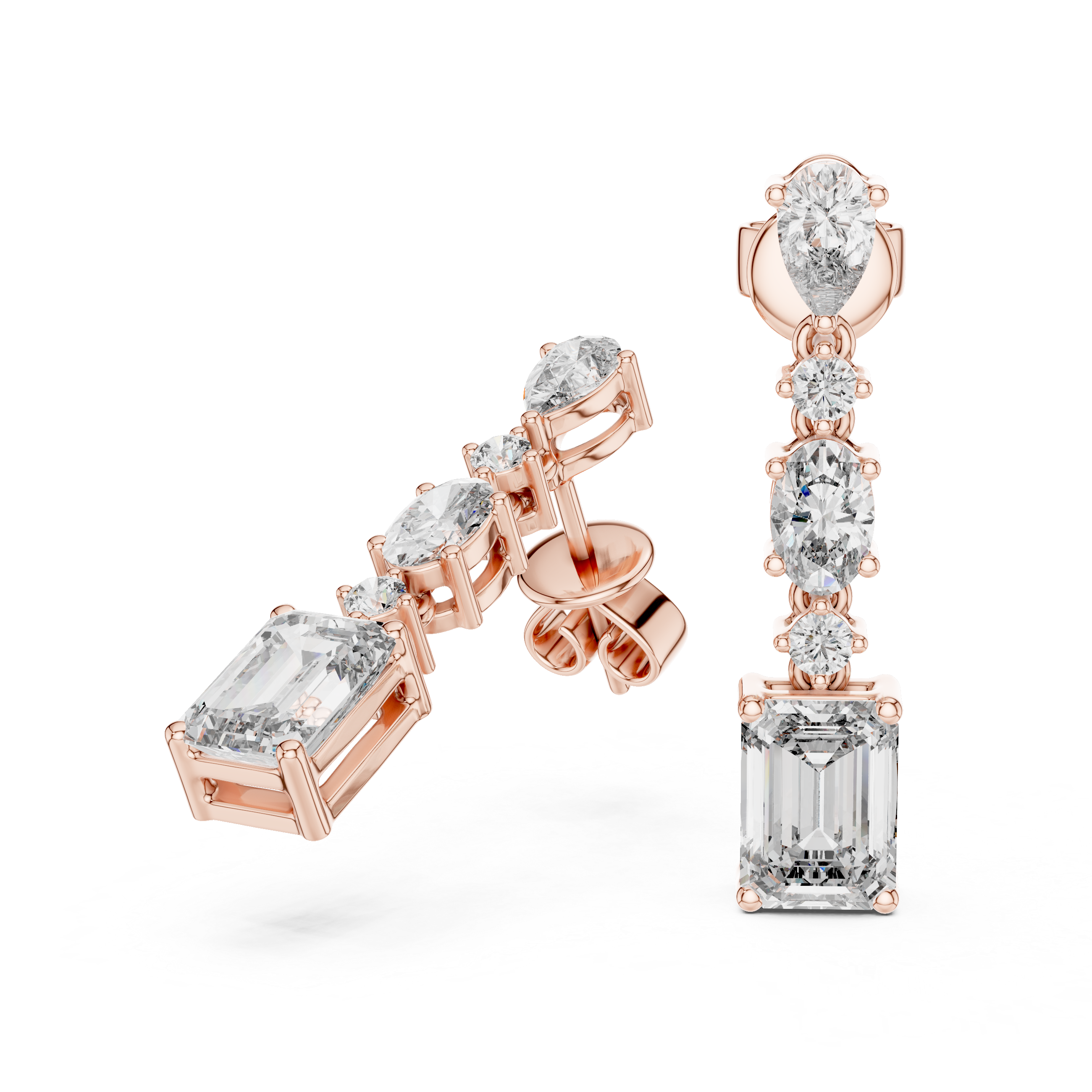 Elegant drop earrings featuring multiple diamond cuts set in rose gold.