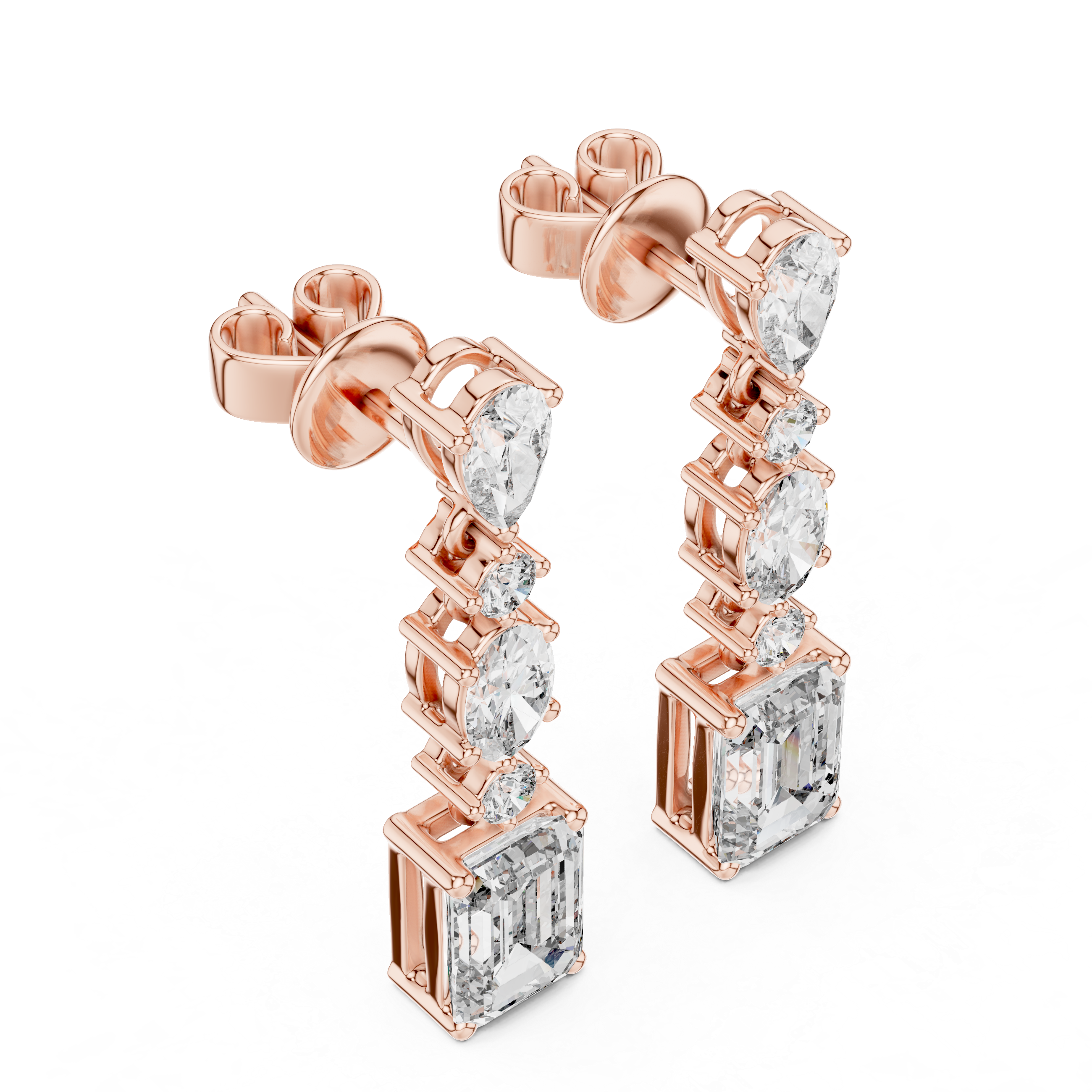 Elegant drop earrings featuring multiple diamond cuts set in rose gold.