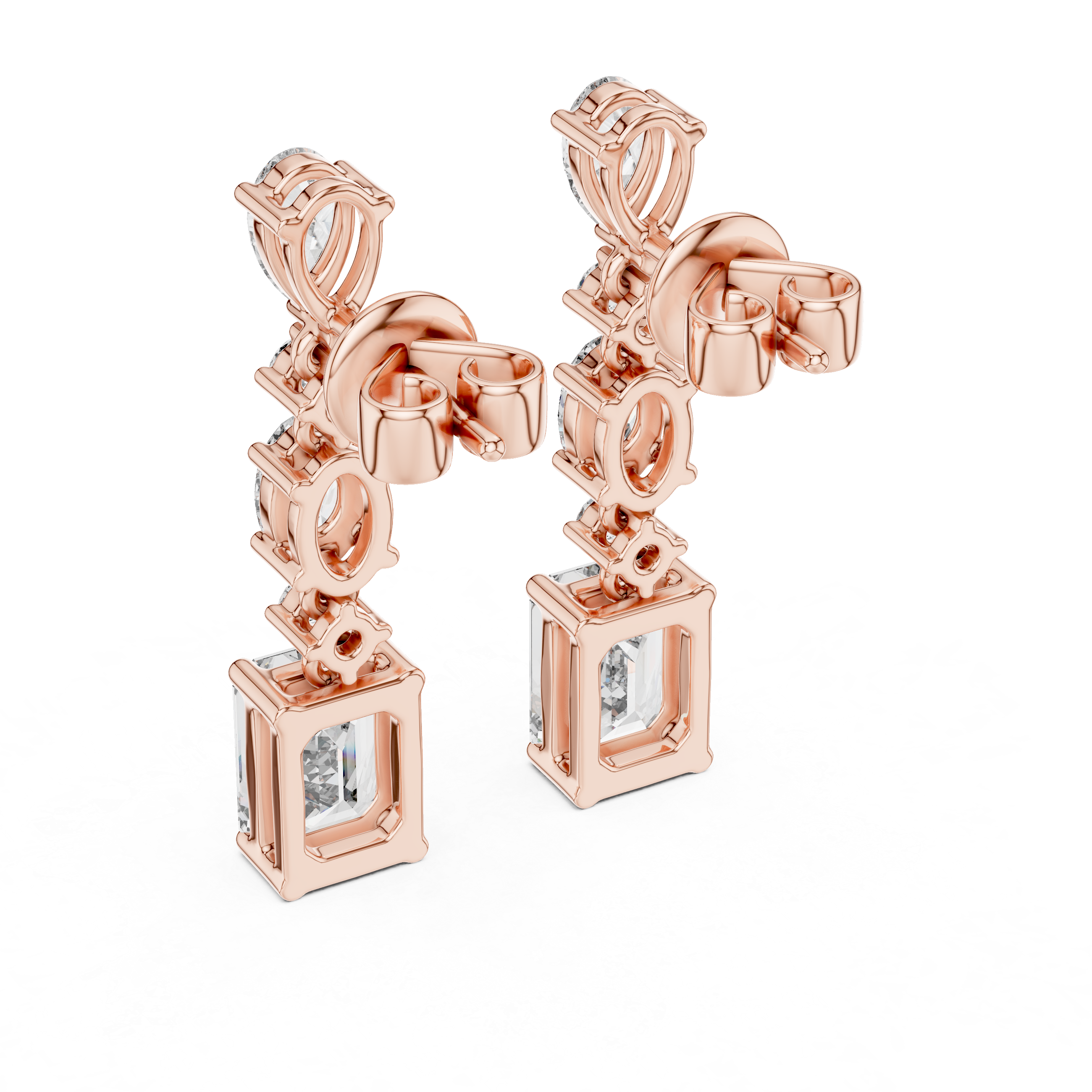 Elegant drop earrings featuring multiple diamond cuts set in rose gold.