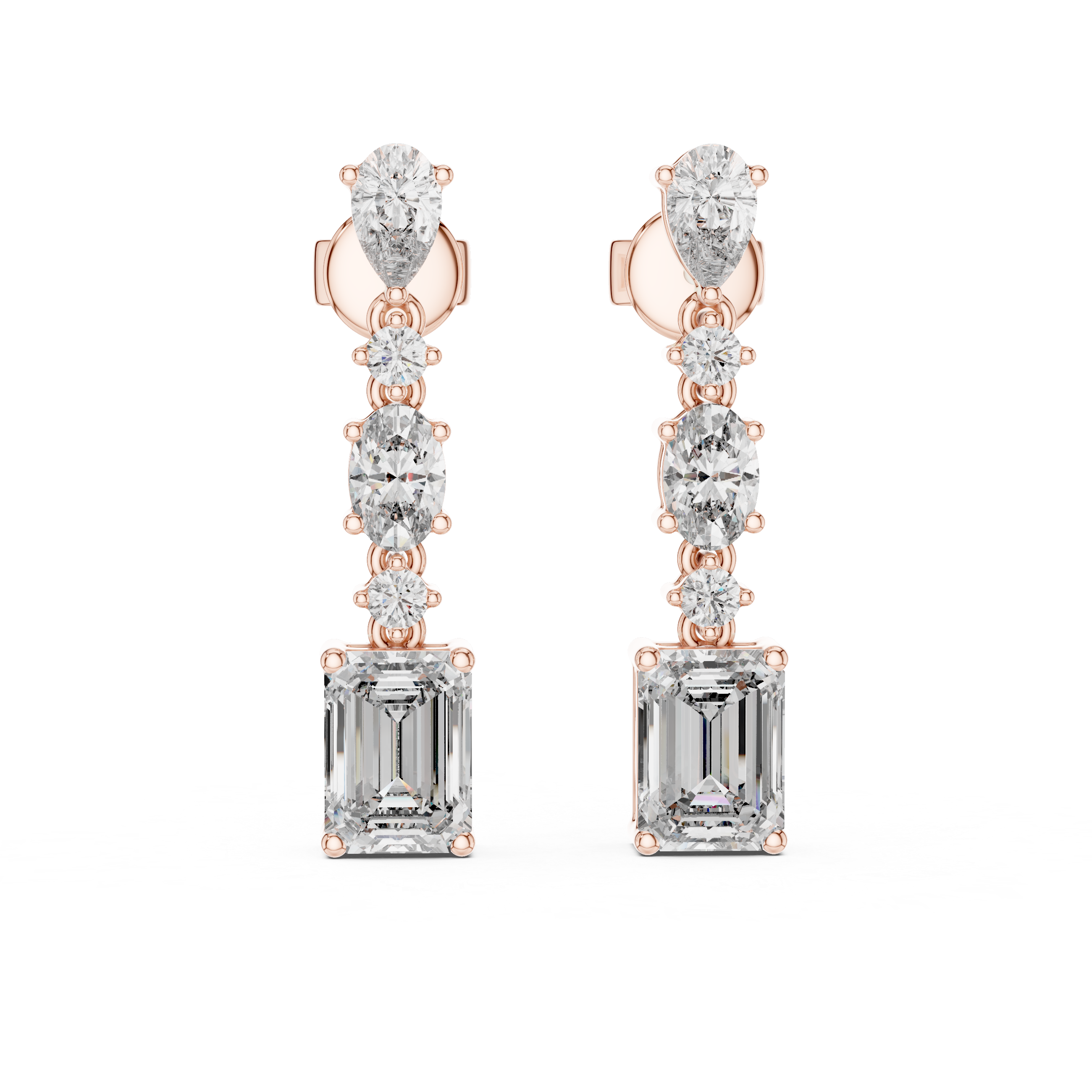 Elegant drop earrings featuring multiple diamond cuts set in rose gold.