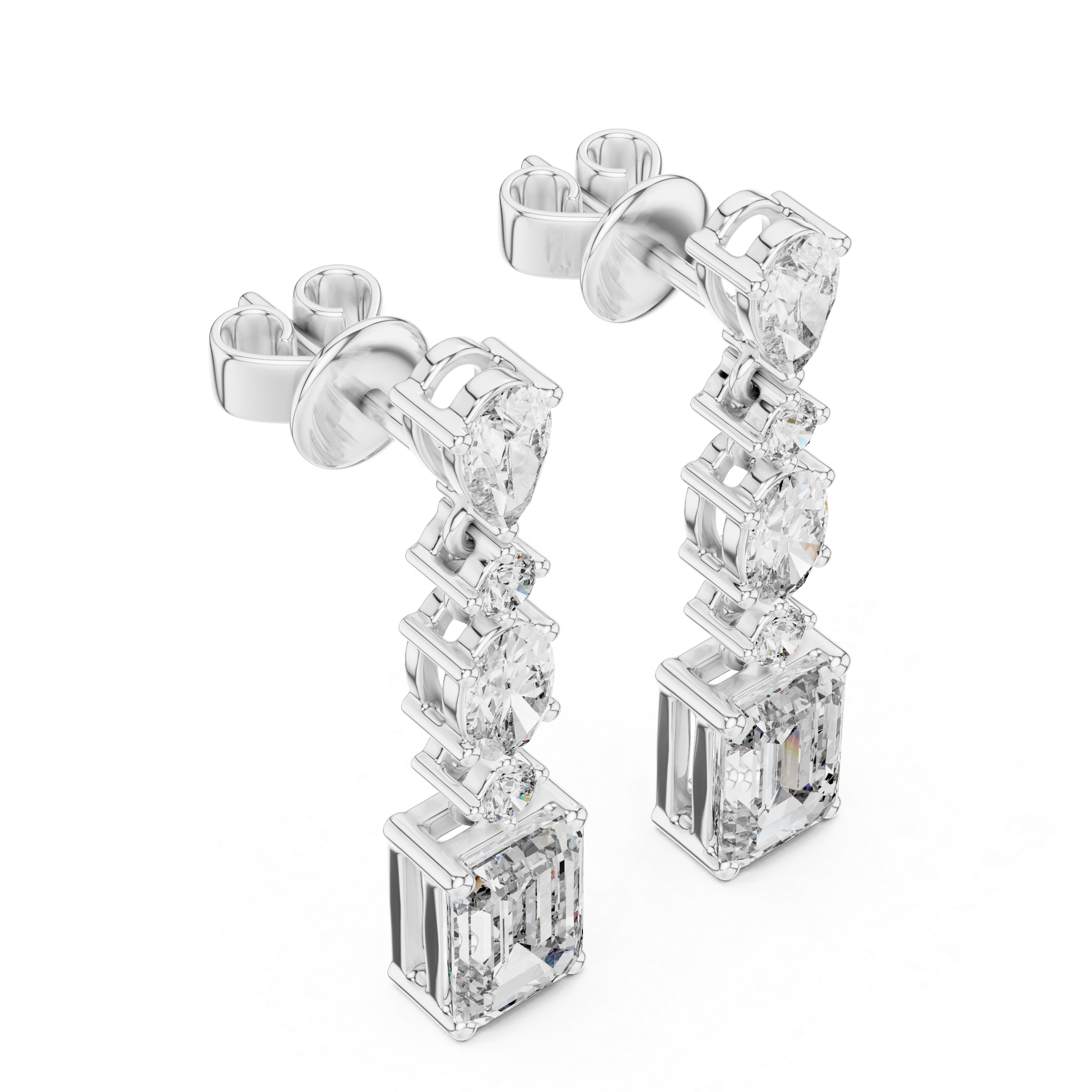 Elegant drop earrings featuring multiple diamond cuts set in rose gold.