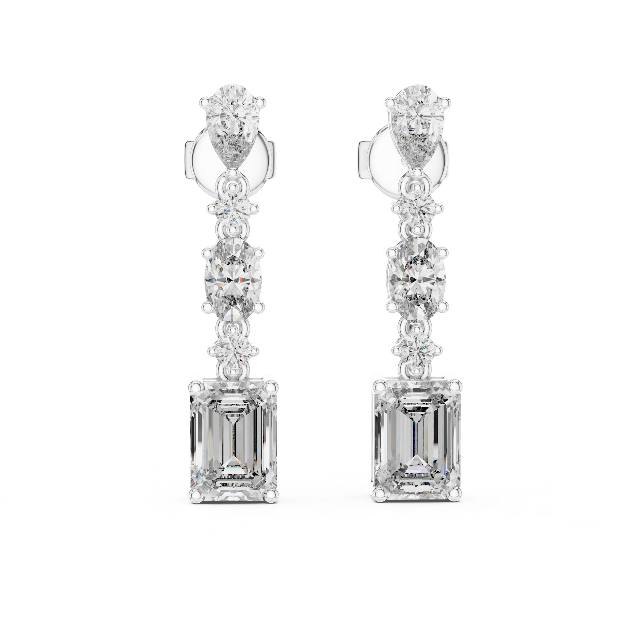 Elegant drop earrings featuring multiple diamond cuts set in rose gold.