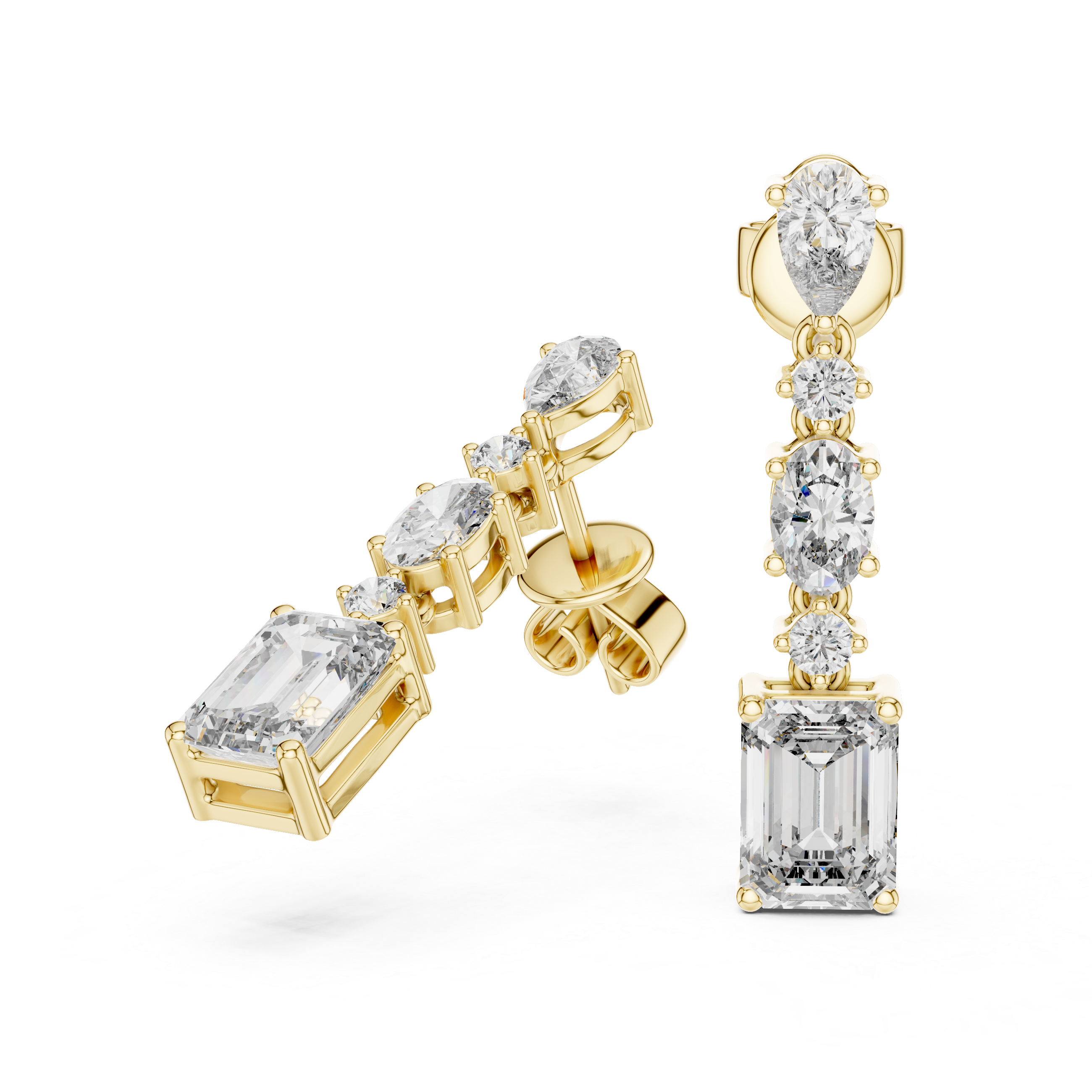 Elegant drop earrings featuring multiple diamond cuts set in rose gold.