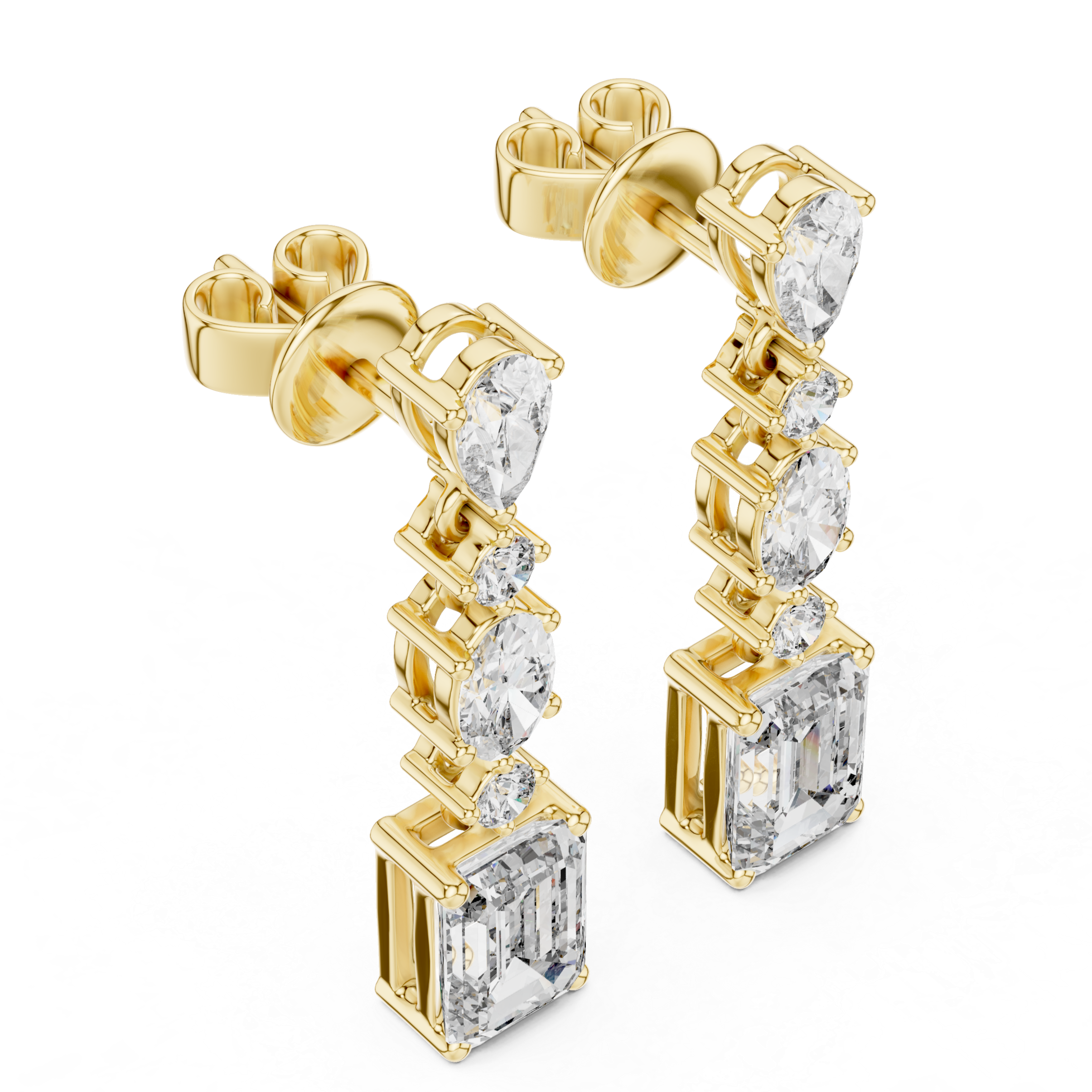Elegant drop earrings featuring multiple diamond cuts set in rose gold.