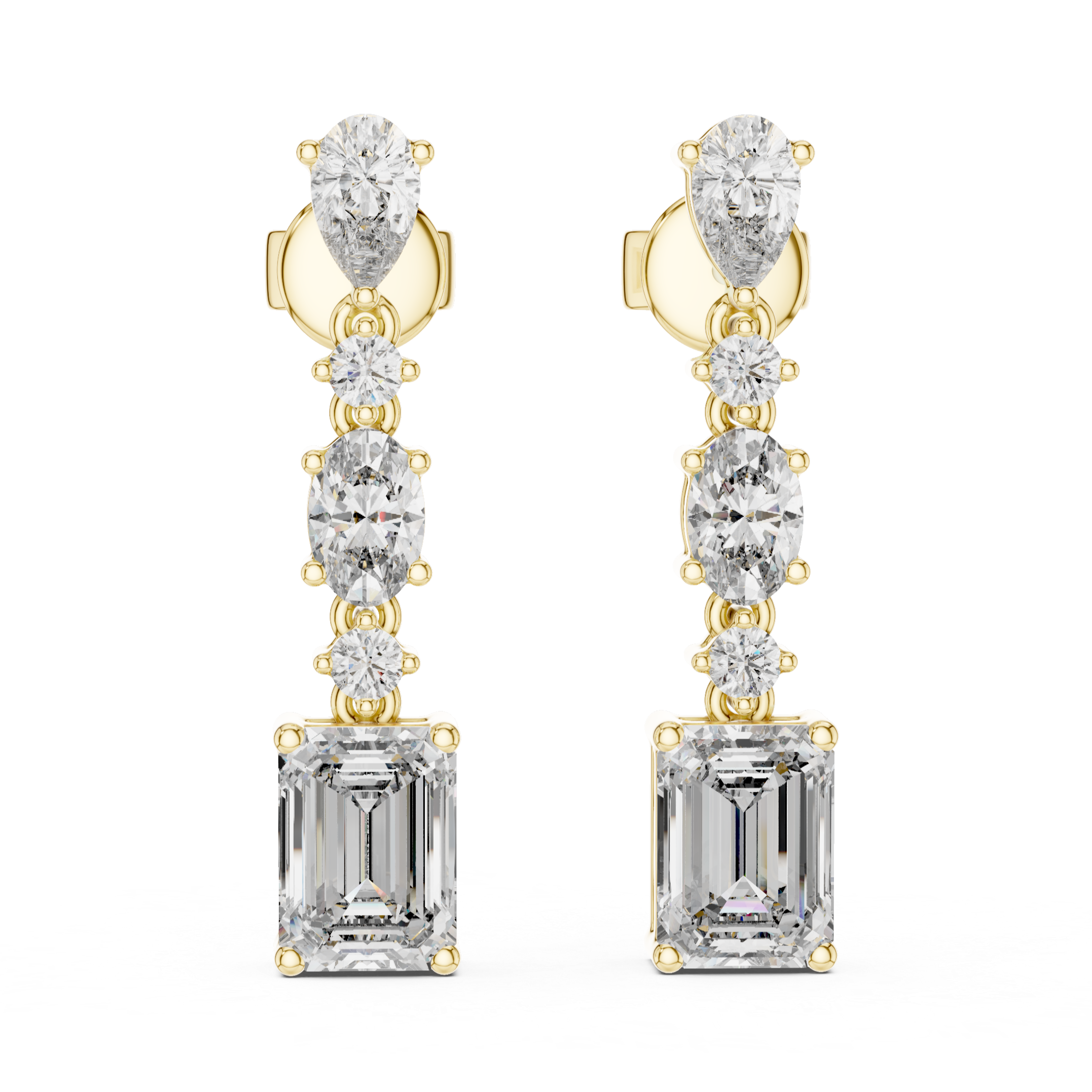 Elegant drop earrings featuring multiple diamond cuts set in rose gold.