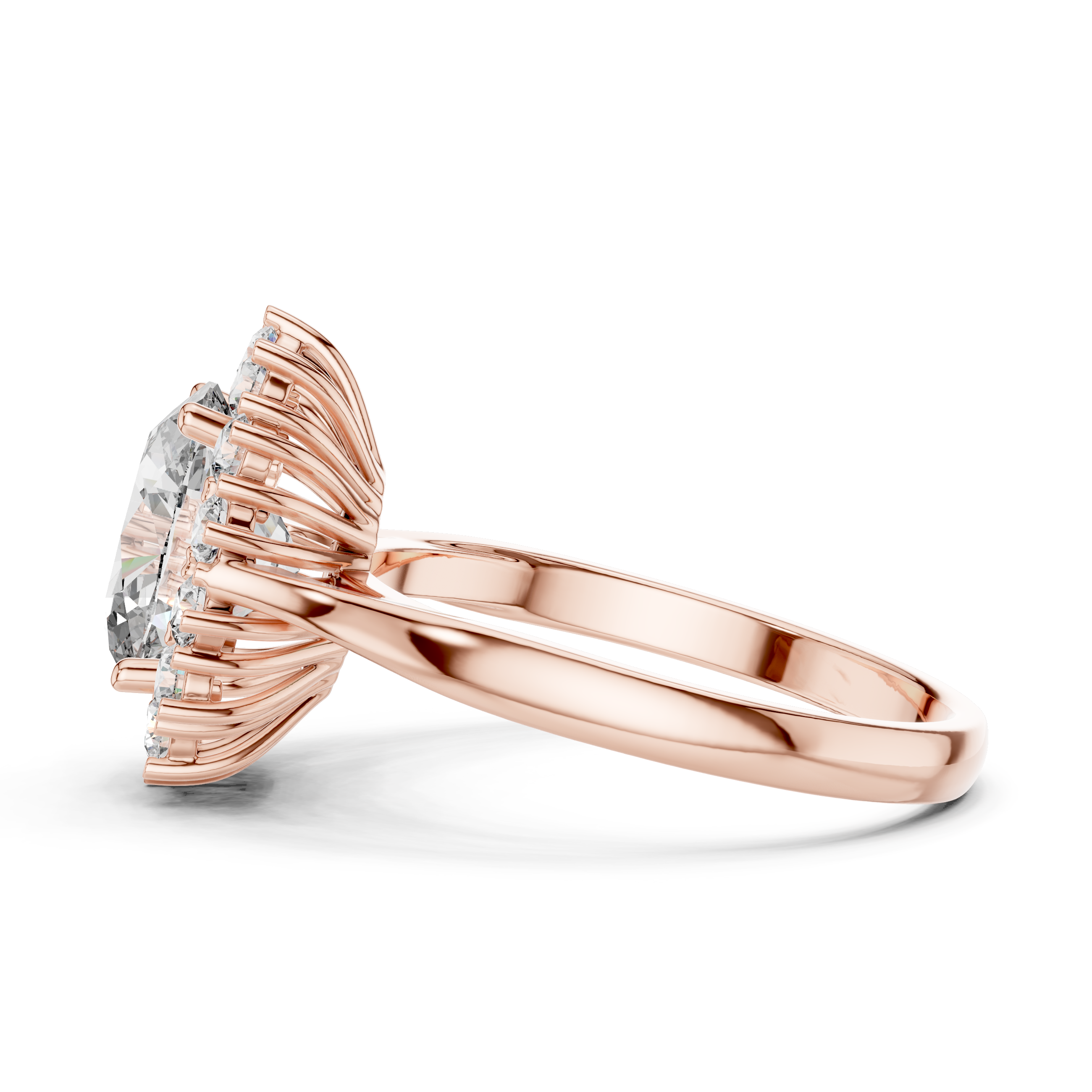 Rose gold halo engagement ring with oval center diamond and round diamond accents