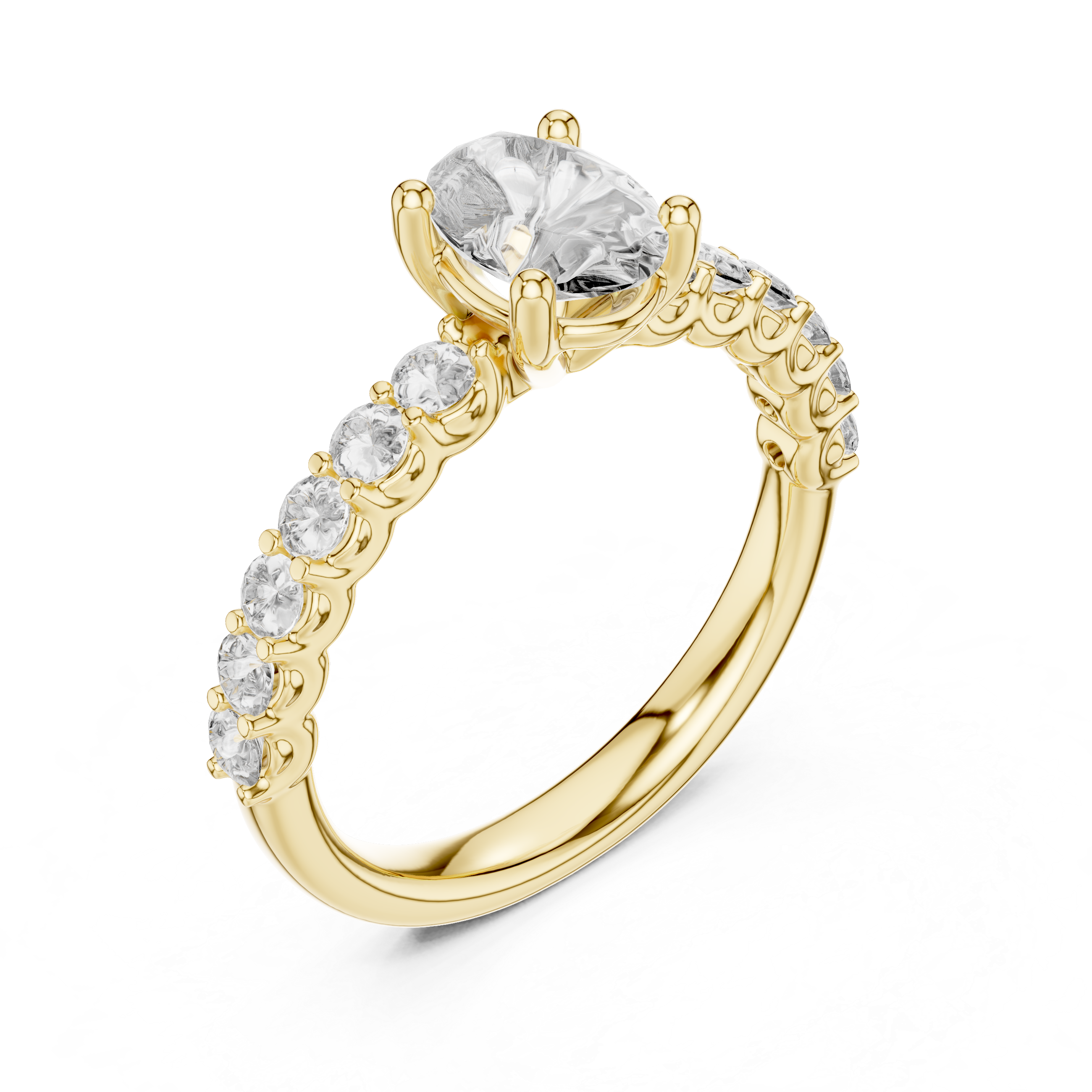 Yellow Gold Oval Diamond Engagement Ring with Pavé Band