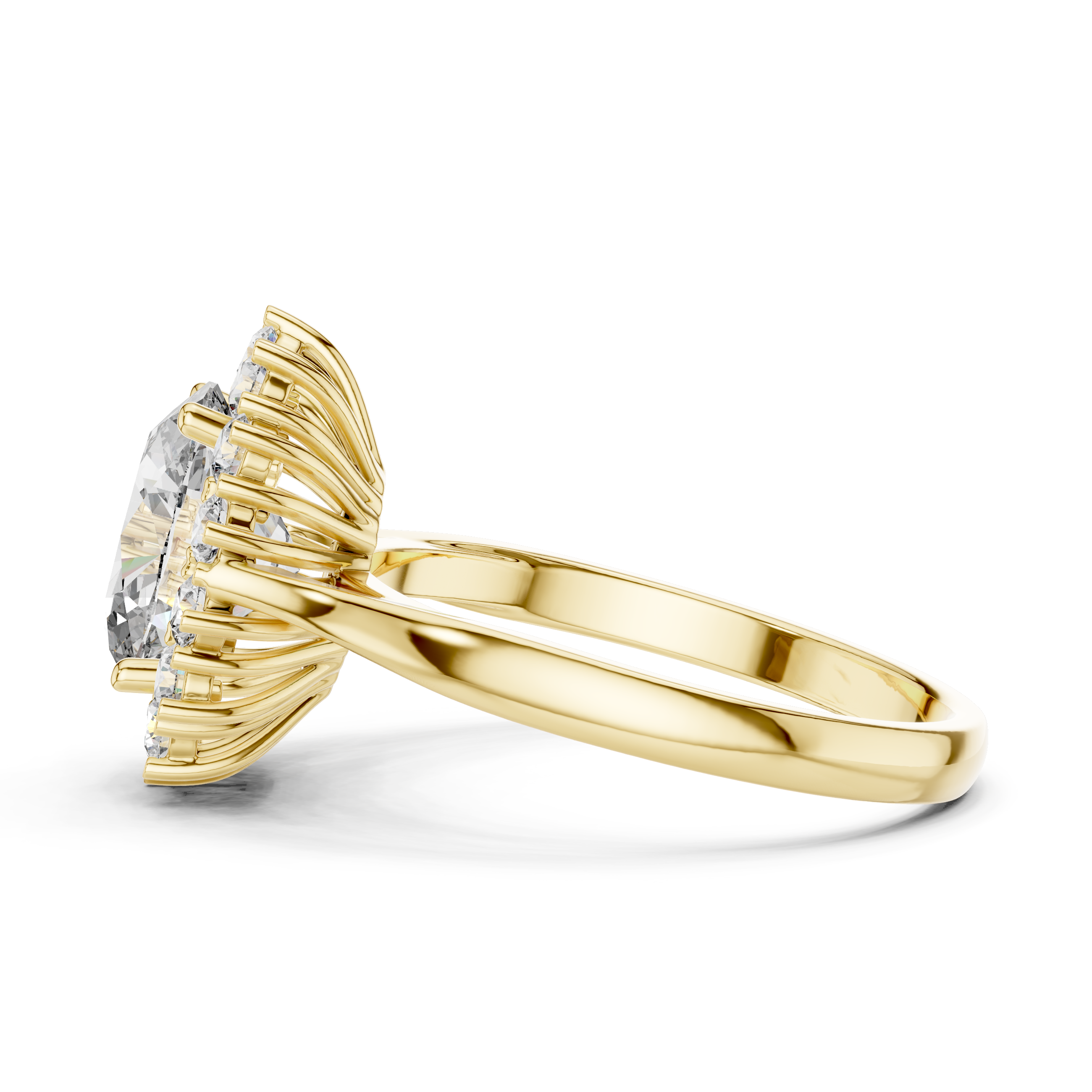Rose gold halo engagement ring with oval center diamond and round diamond accents