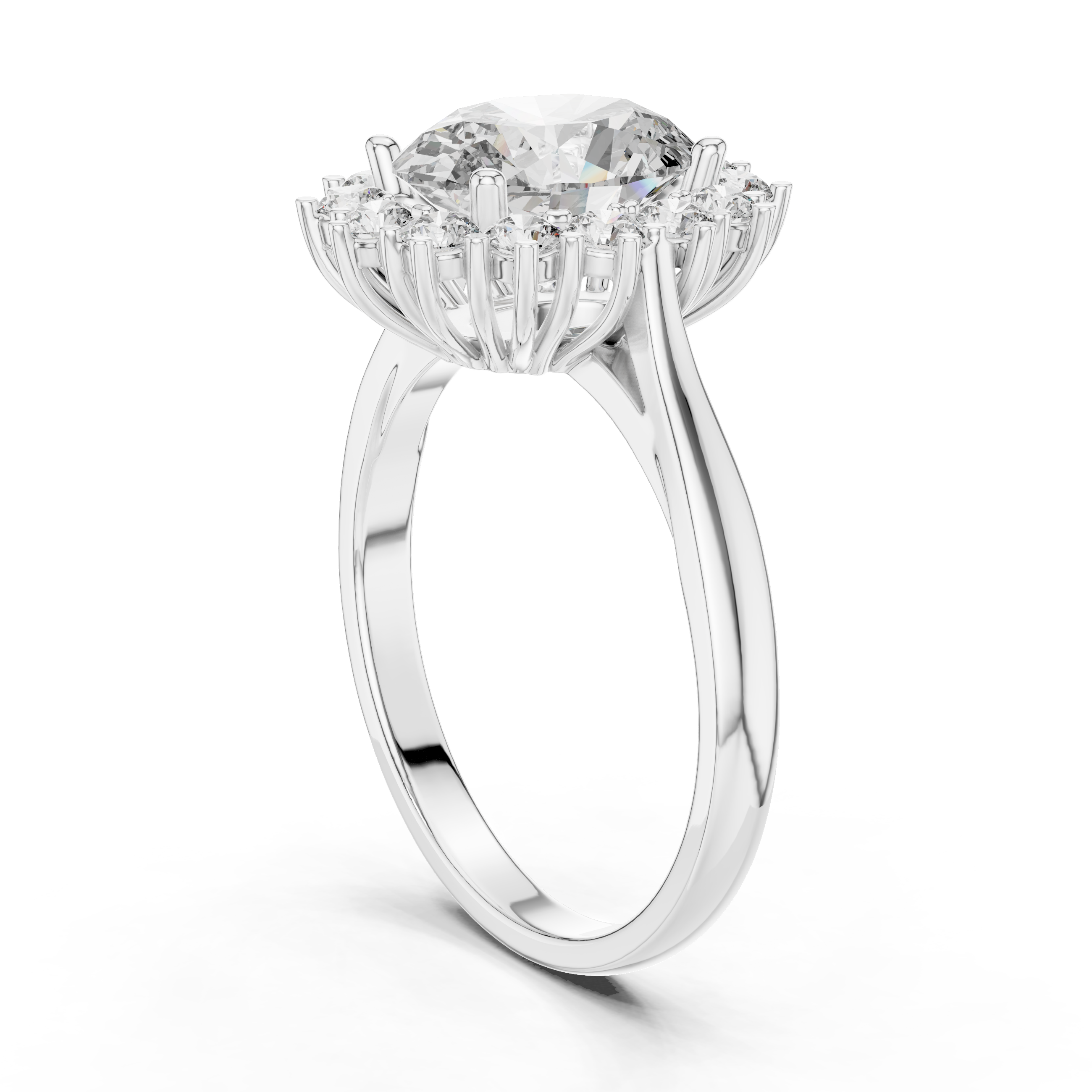 Rose gold halo engagement ring with oval center diamond and round diamond accents