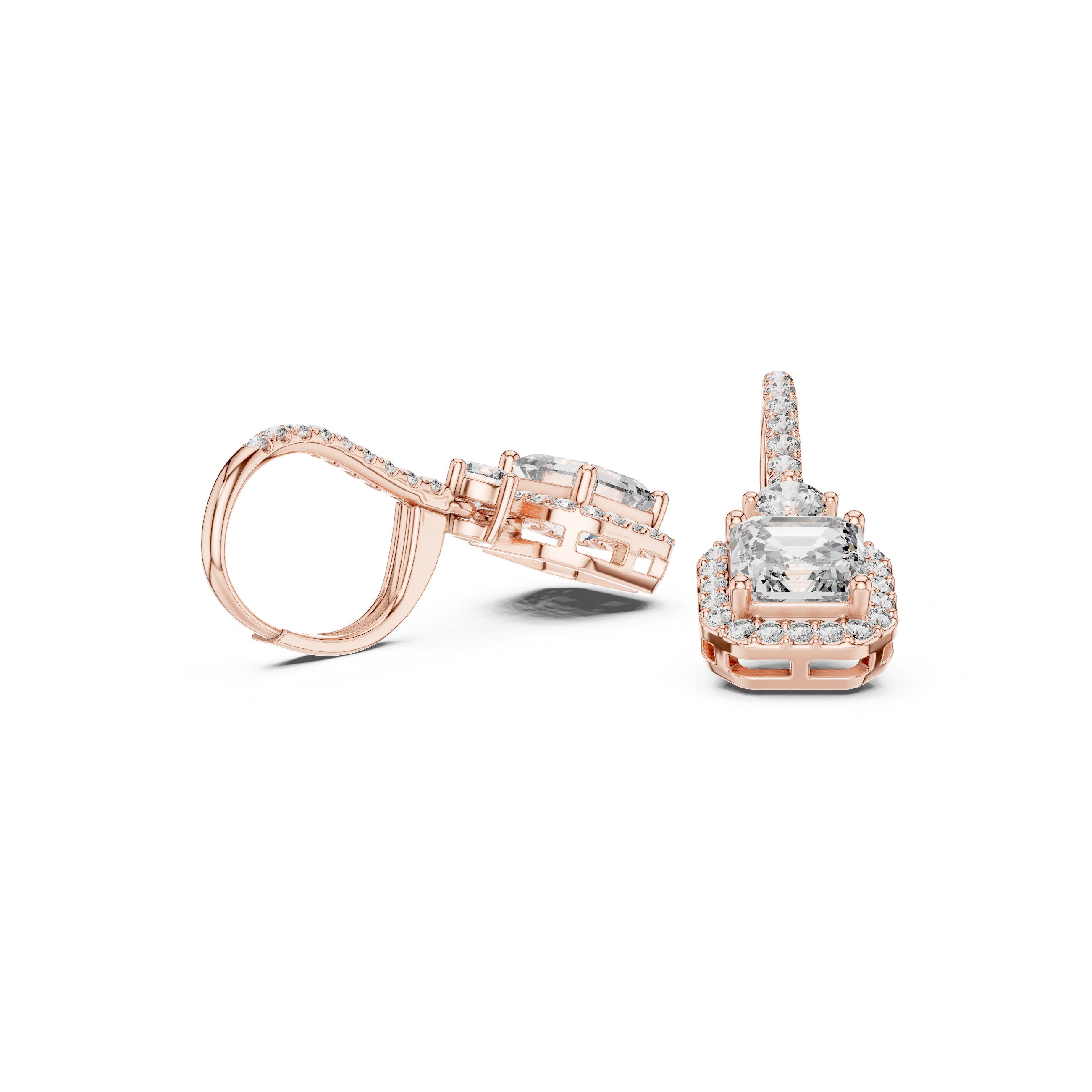 Diamond Drop Earrings with Halo-Set Square Center Stones.