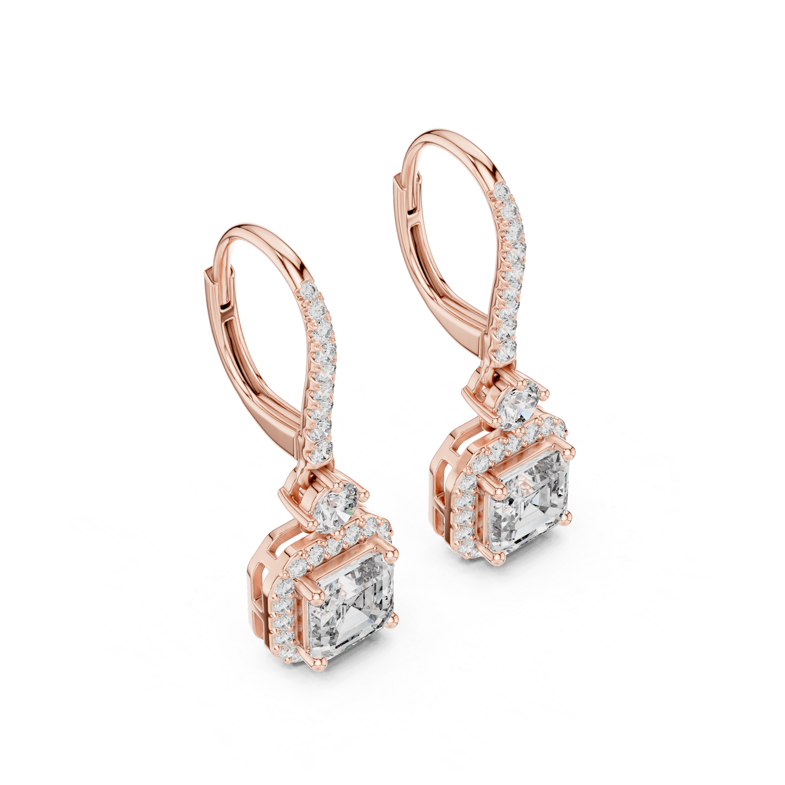 Diamond Drop Earrings with Halo-Set Square Center Stones.