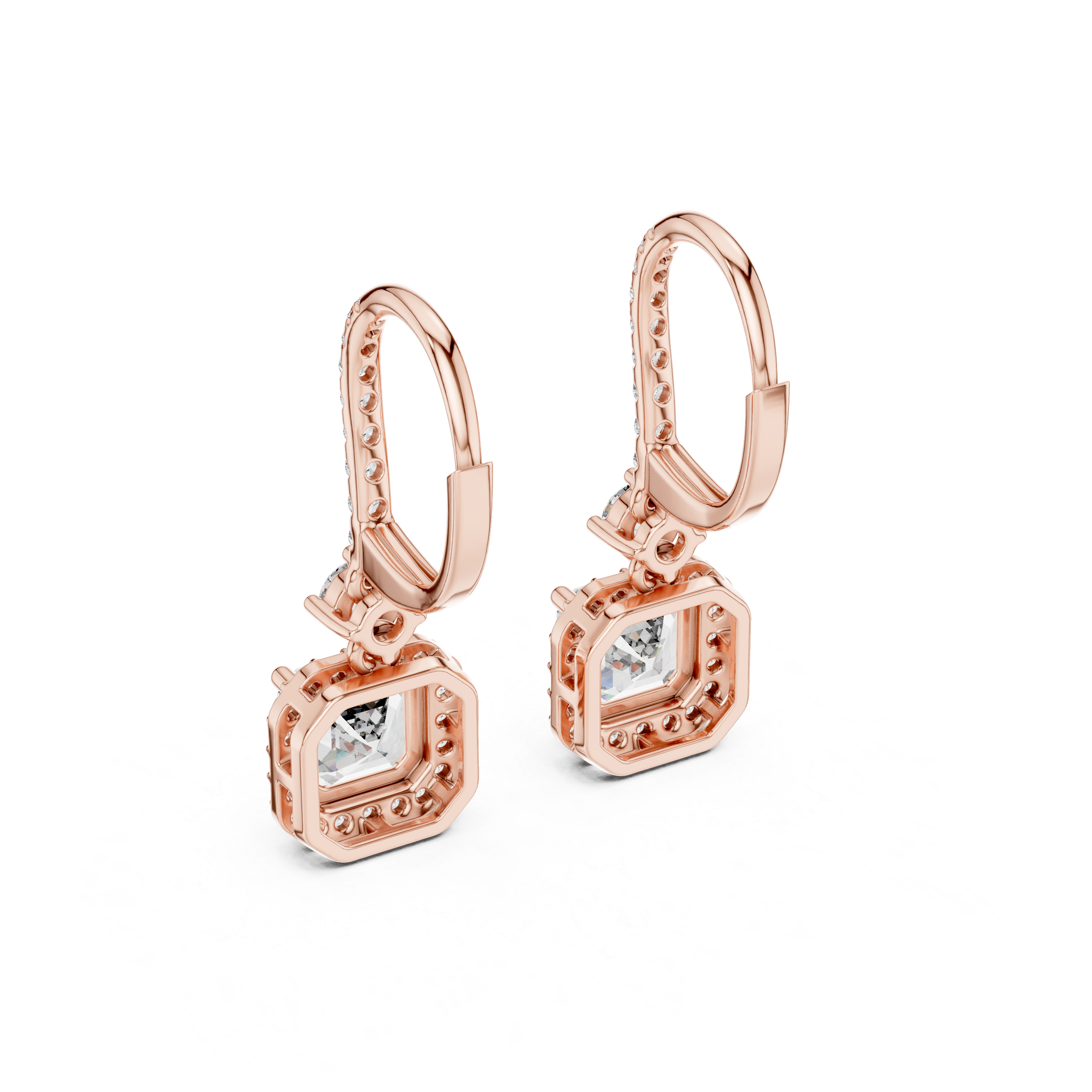 Diamond Drop Earrings with Halo-Set Square Center Stones.