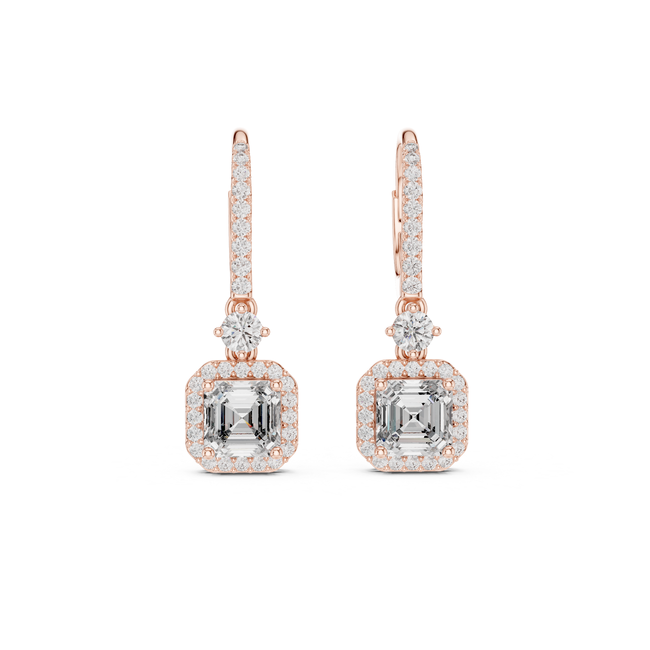 Diamond Drop Earrings with Halo-Set Square Center Stones.
