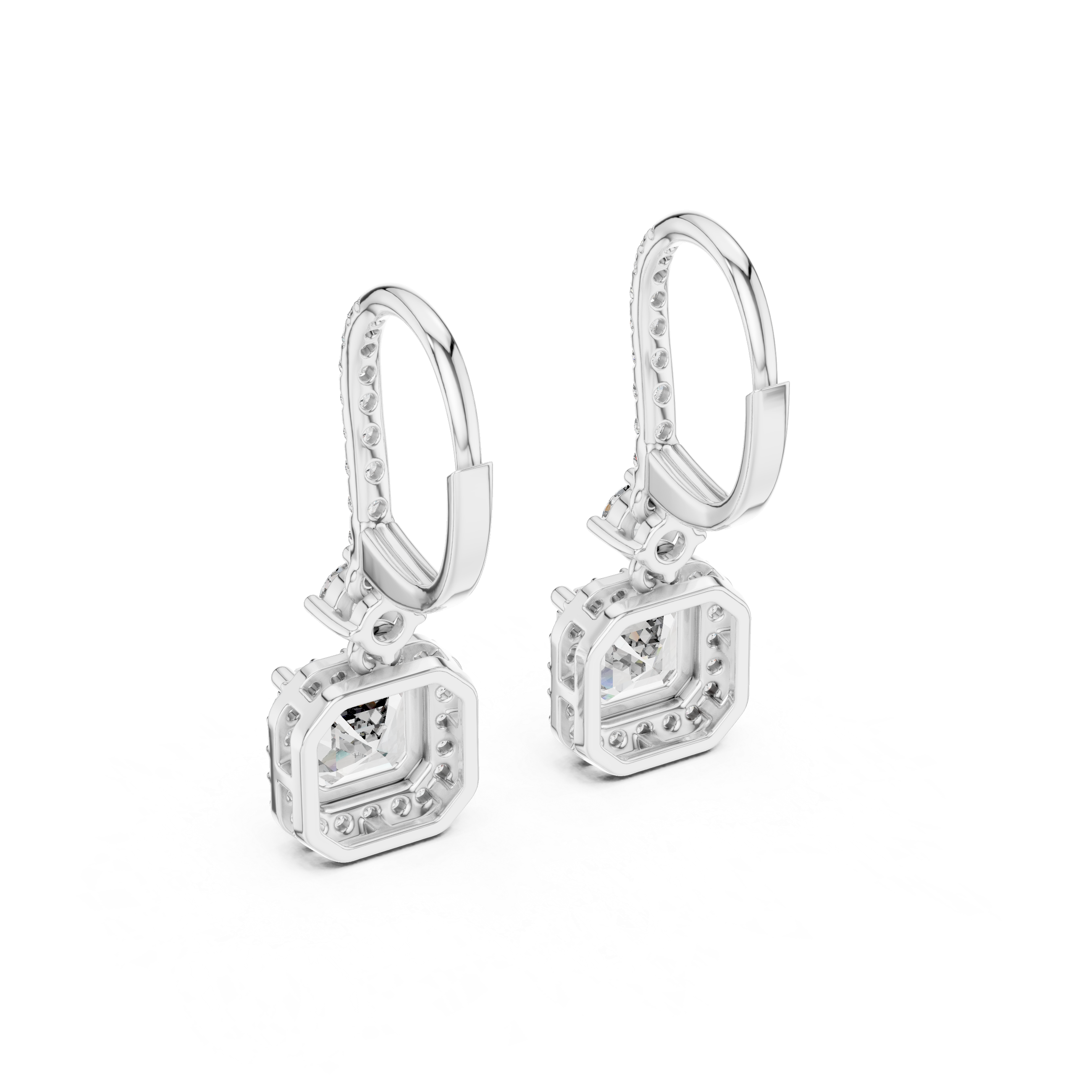 Diamond Drop Earrings with Halo-Set Square Center Stones.