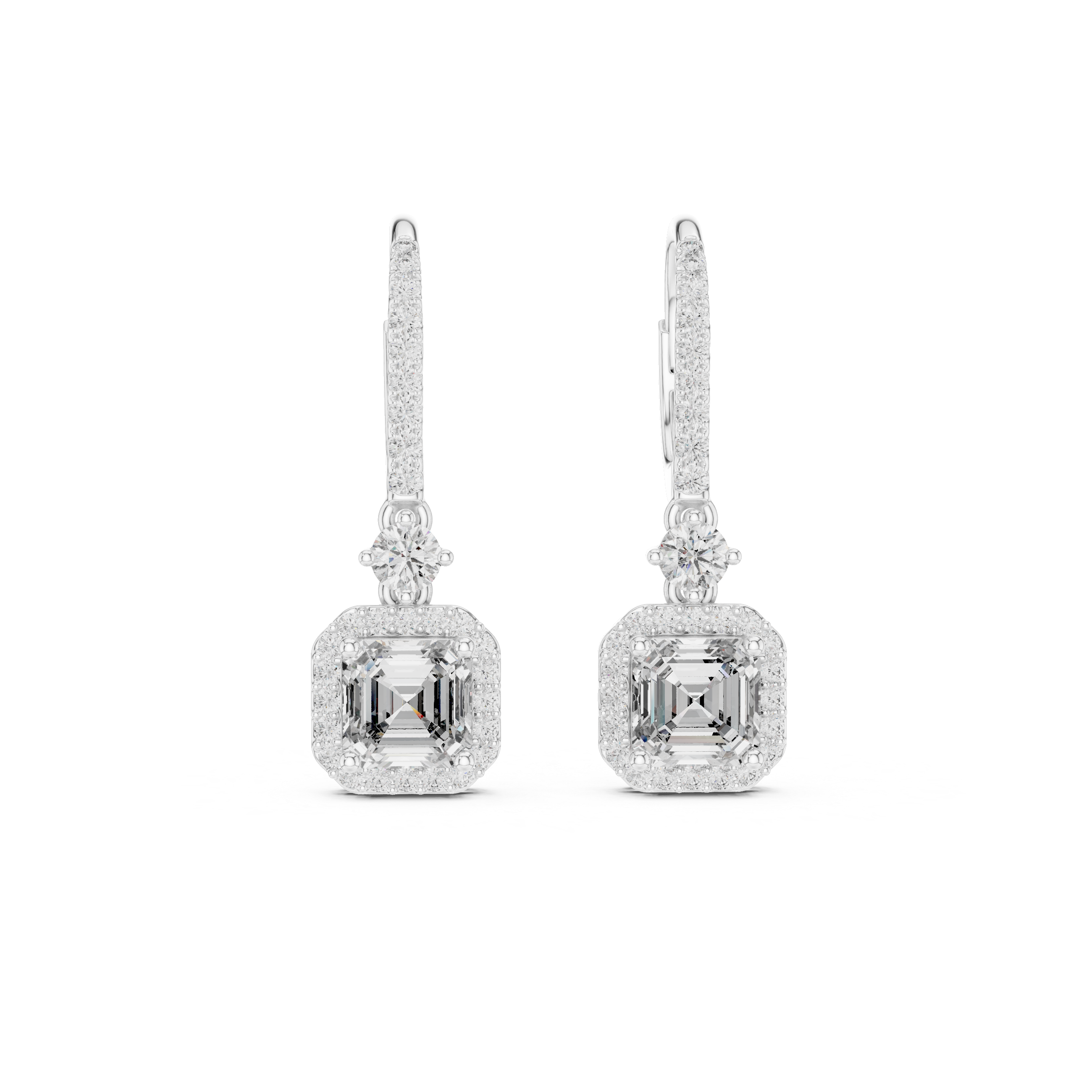 Diamond Drop Earrings with Halo-Set Square Center Stones.