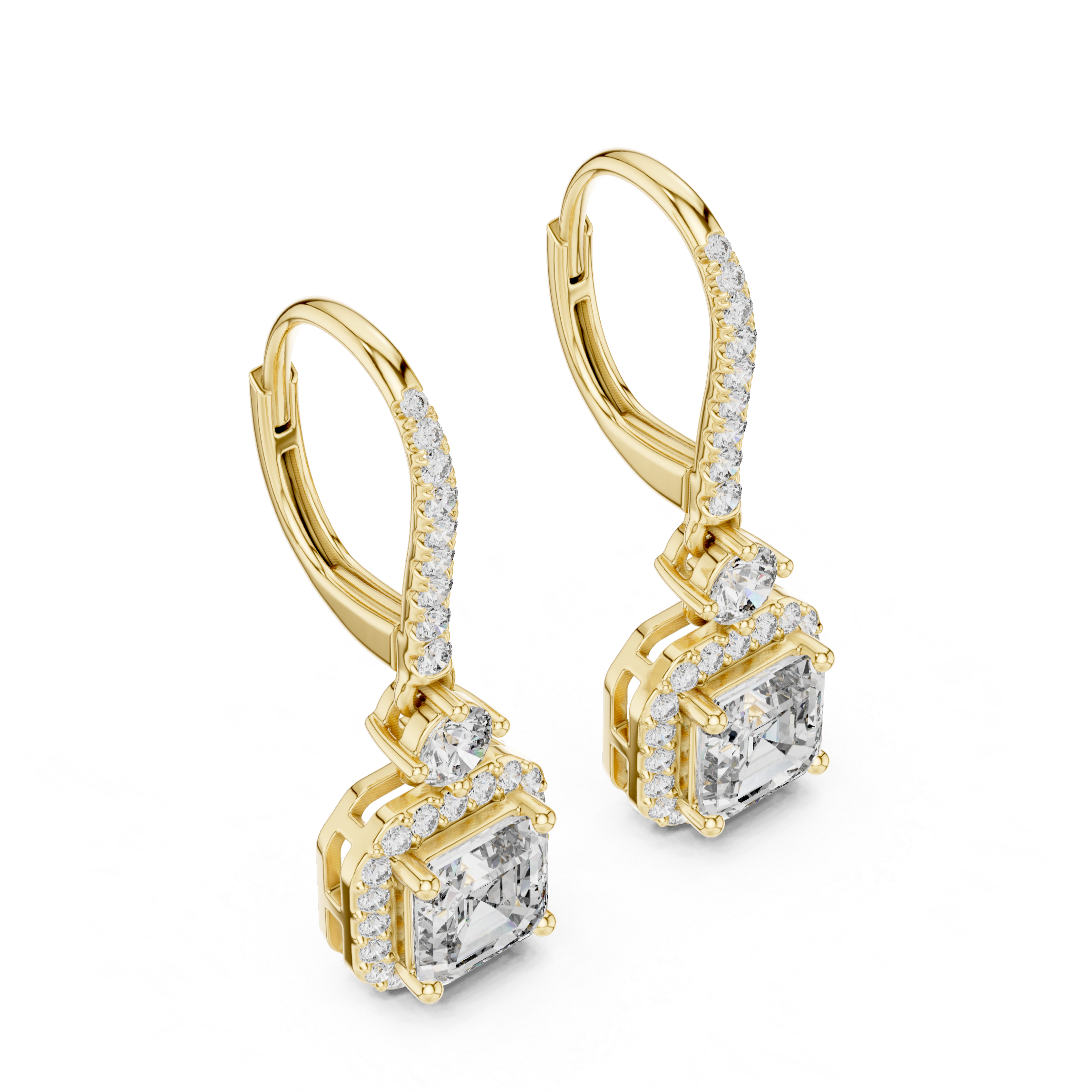 Diamond Drop Earrings with Halo-Set Square Center Stones.
