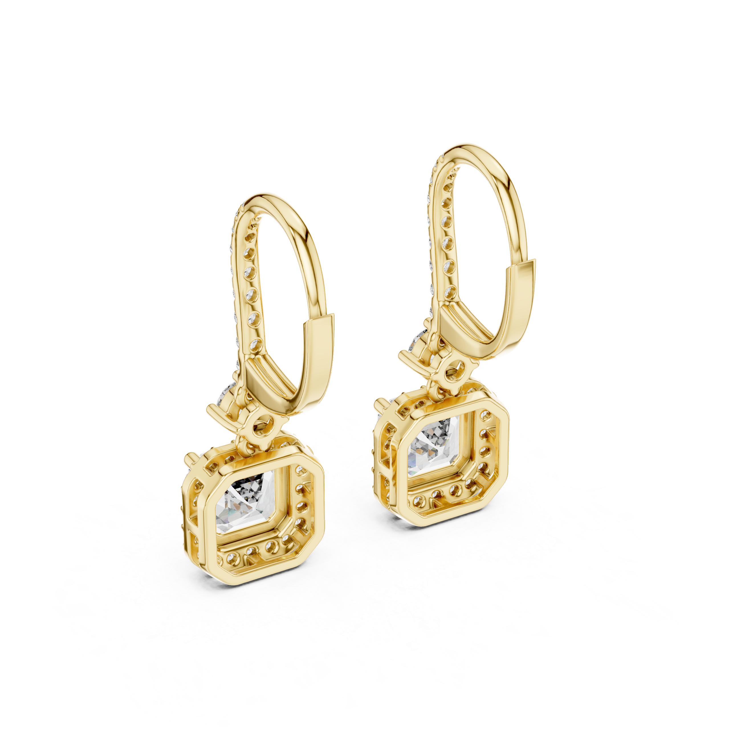 Diamond Drop Earrings with Halo-Set Square Center Stones.