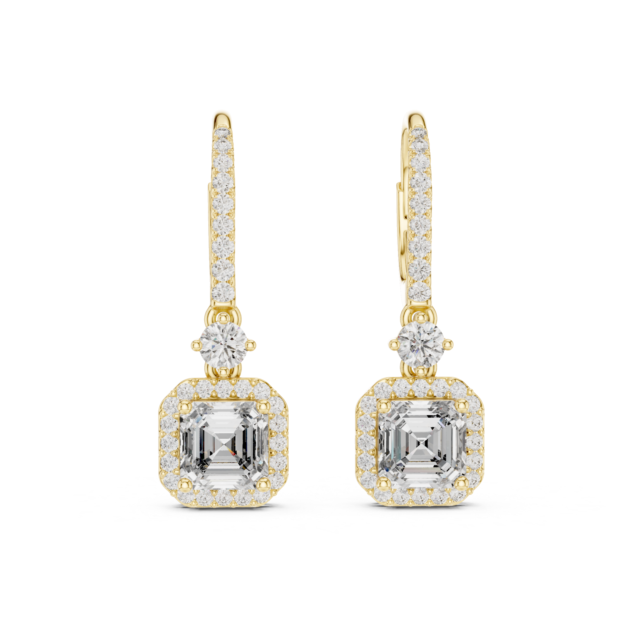 Diamond Drop Earrings with Halo-Set Square Center Stones.