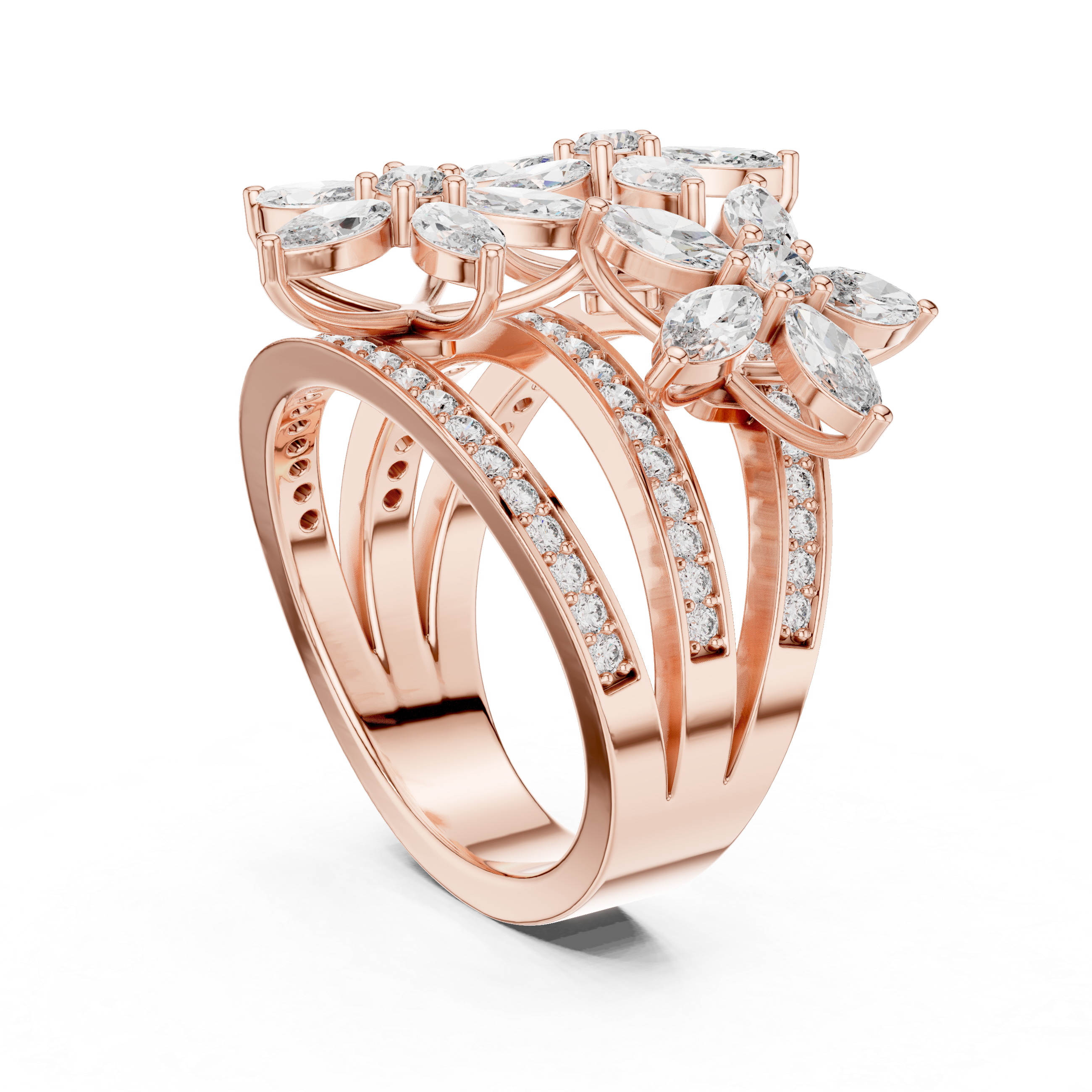 Blooming Elegance:Twin Flower Diamond Ring