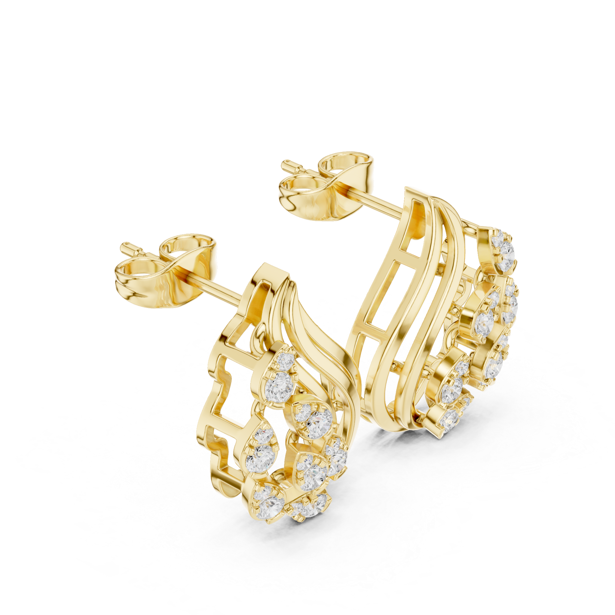Flowing Wave Earrings with Teardrop Diamond Accents