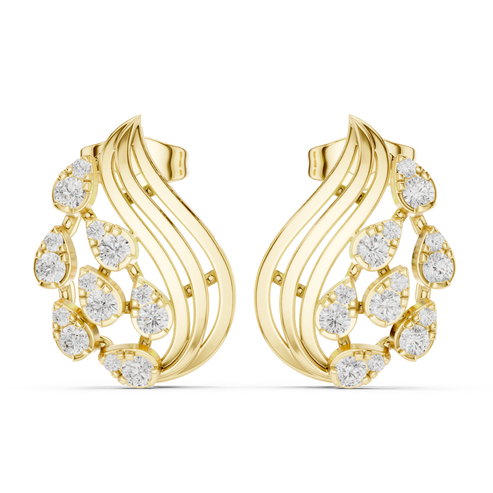 Flowing Wave Earrings with Teardrop Diamond Accents