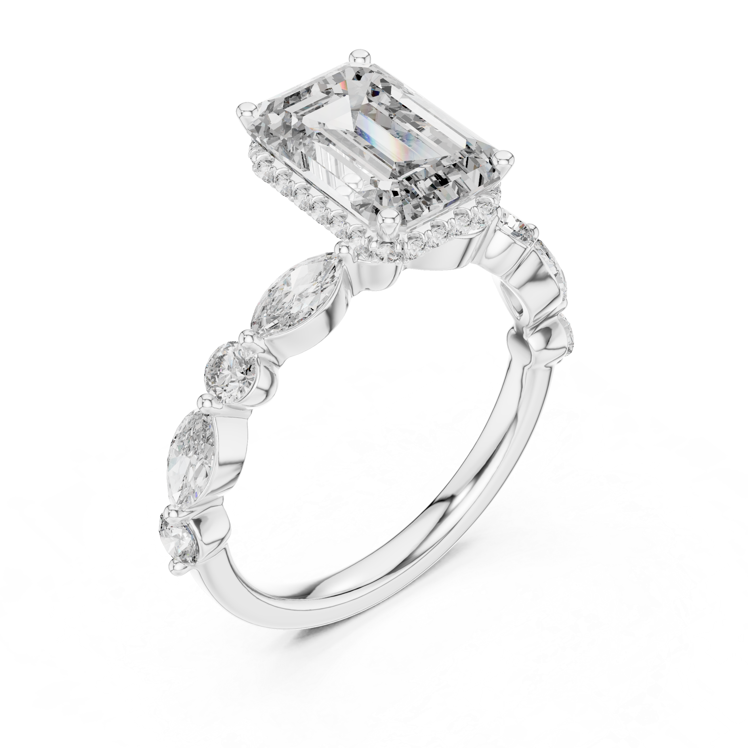 Emerald-Cut Halo Diamond Engagement Ring