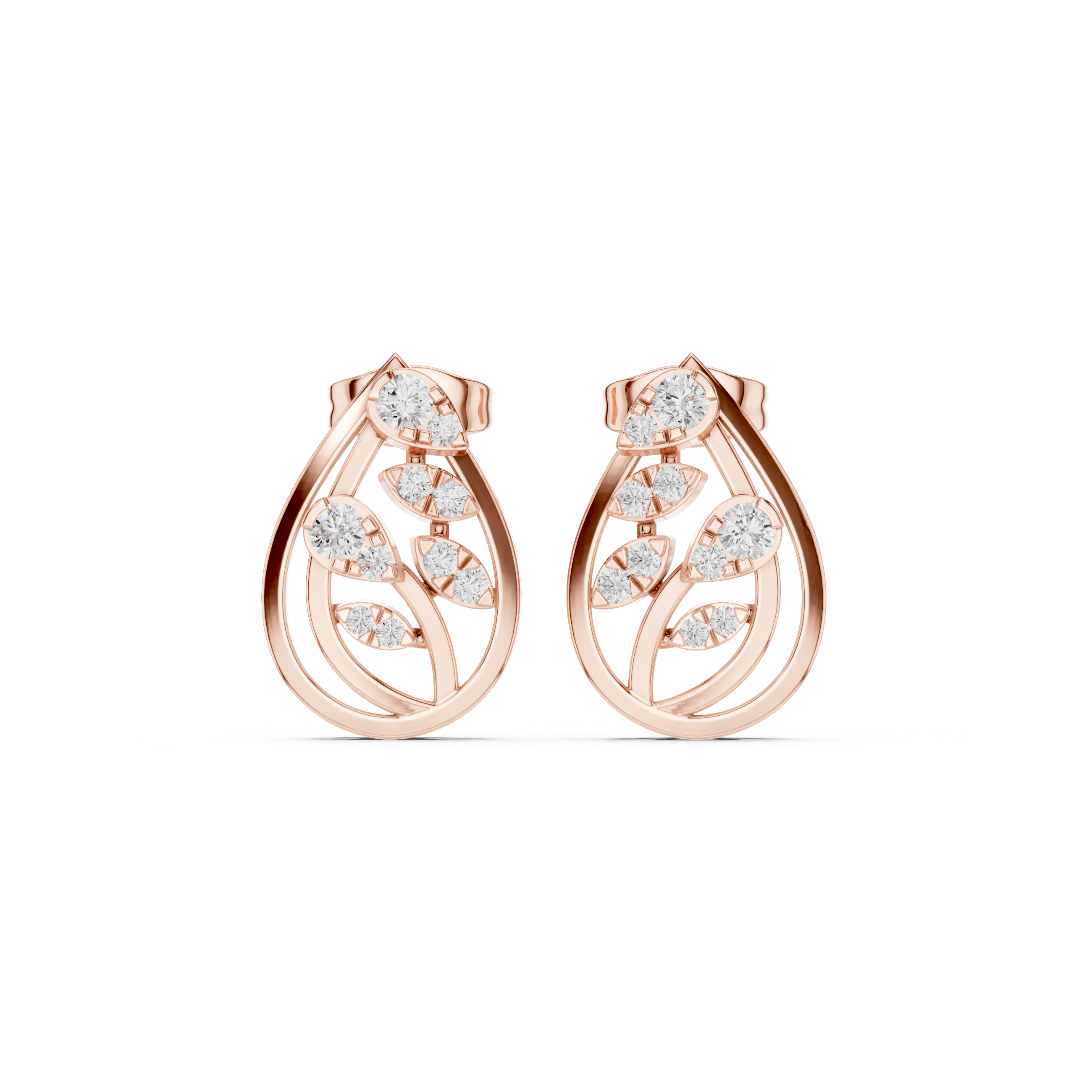 Teardrop Leaf Motif Earrings with Sparkling Round Diamonds