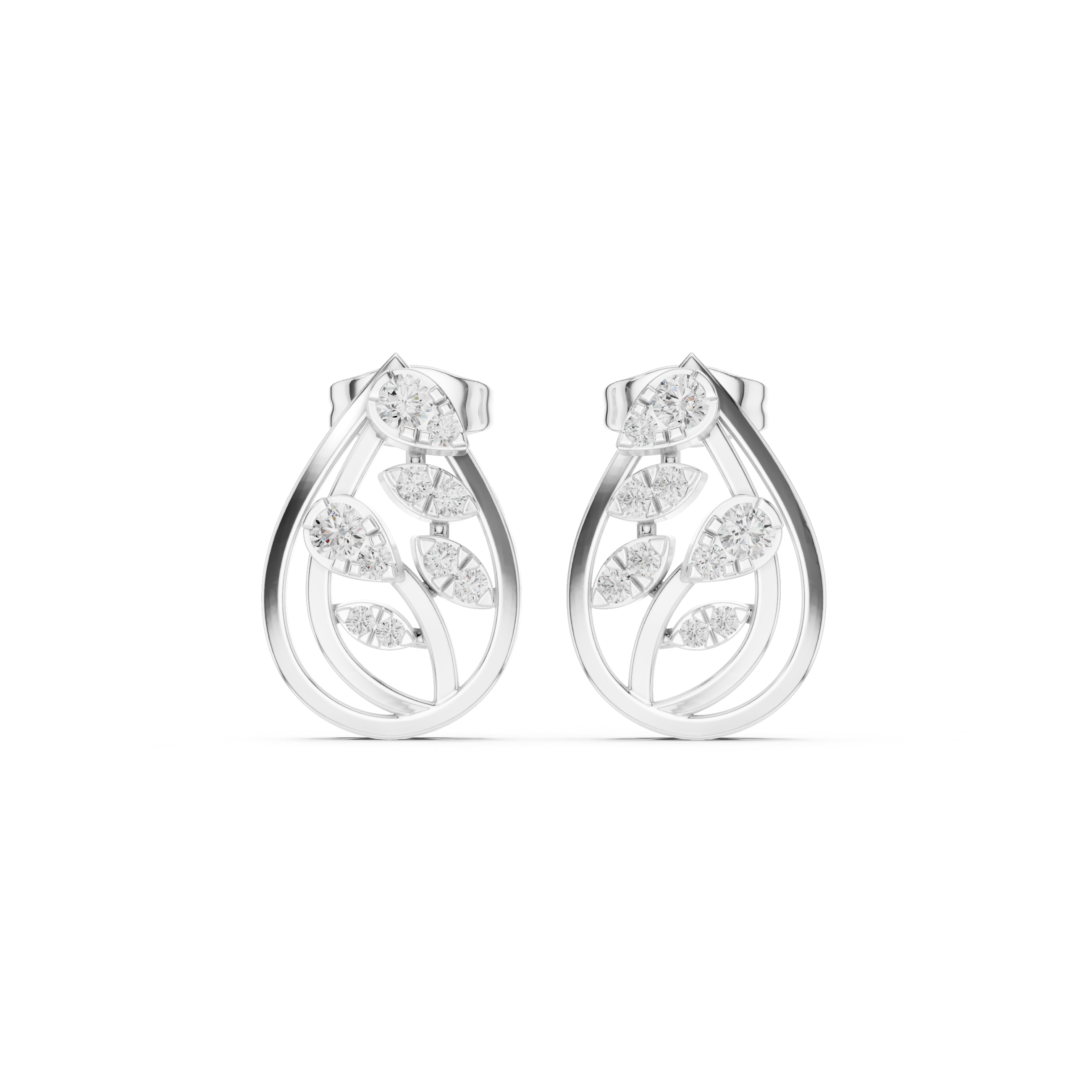 Teardrop Leaf Motif Earrings with Sparkling Round Diamonds