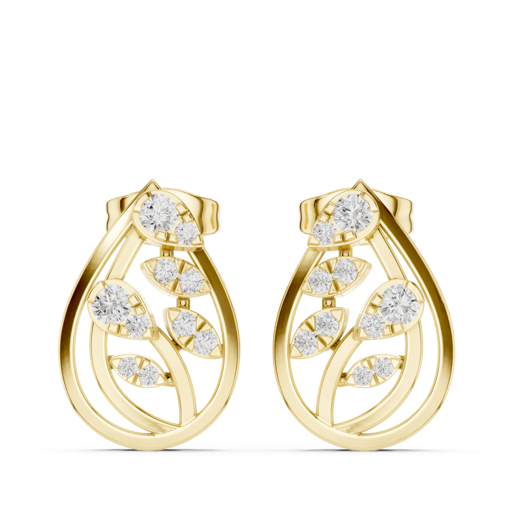 Teardrop Leaf Motif Earrings with Sparkling Round Diamonds