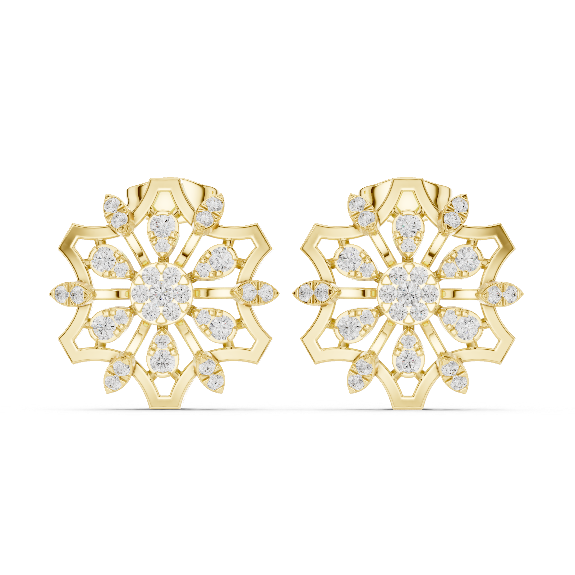 Floral Mandala-Inspired Earrings with Intricate Diamond Detailing