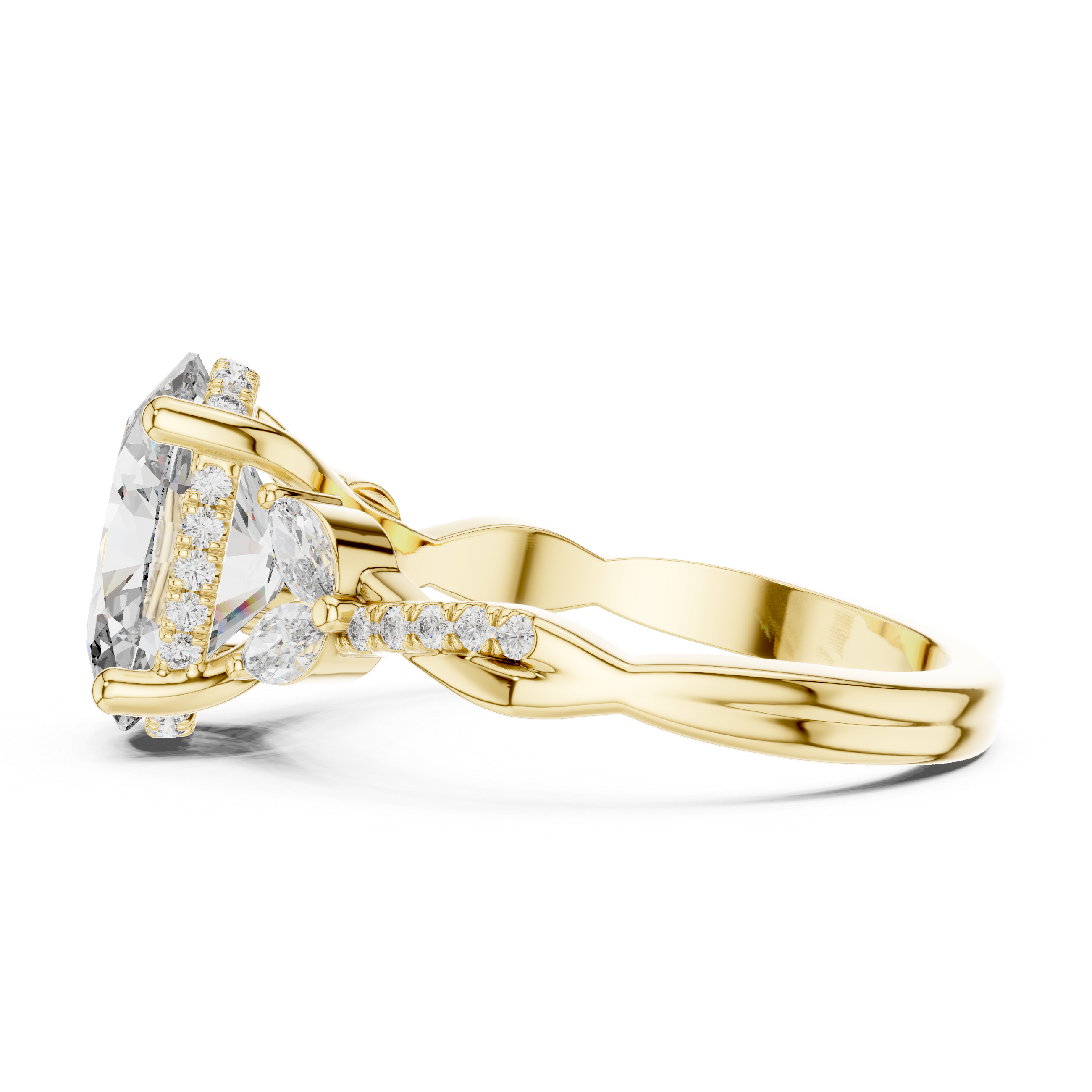 oval-cut diamond center and marquise-cut side stones.
