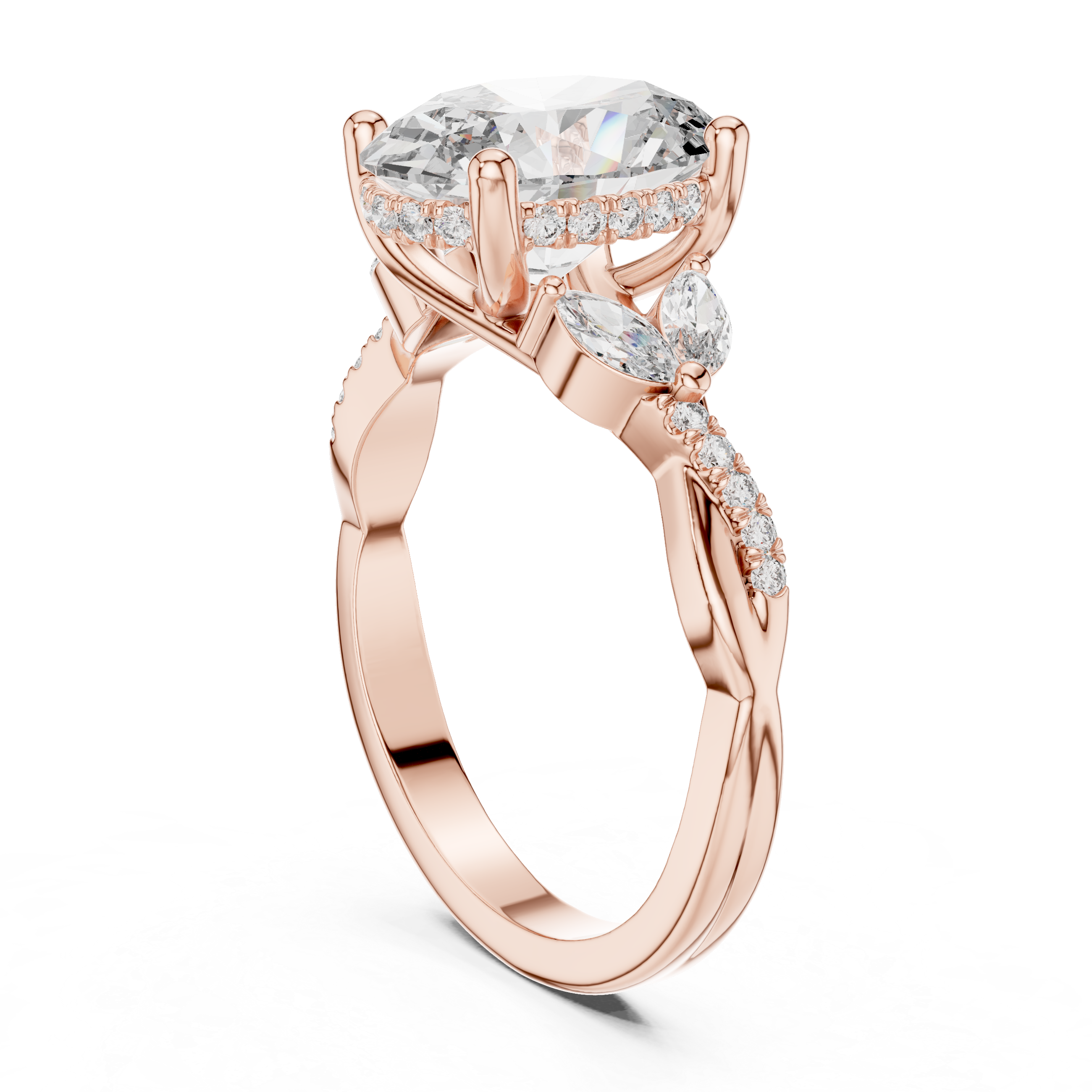 oval-cut diamond center and marquise-cut side stones.
