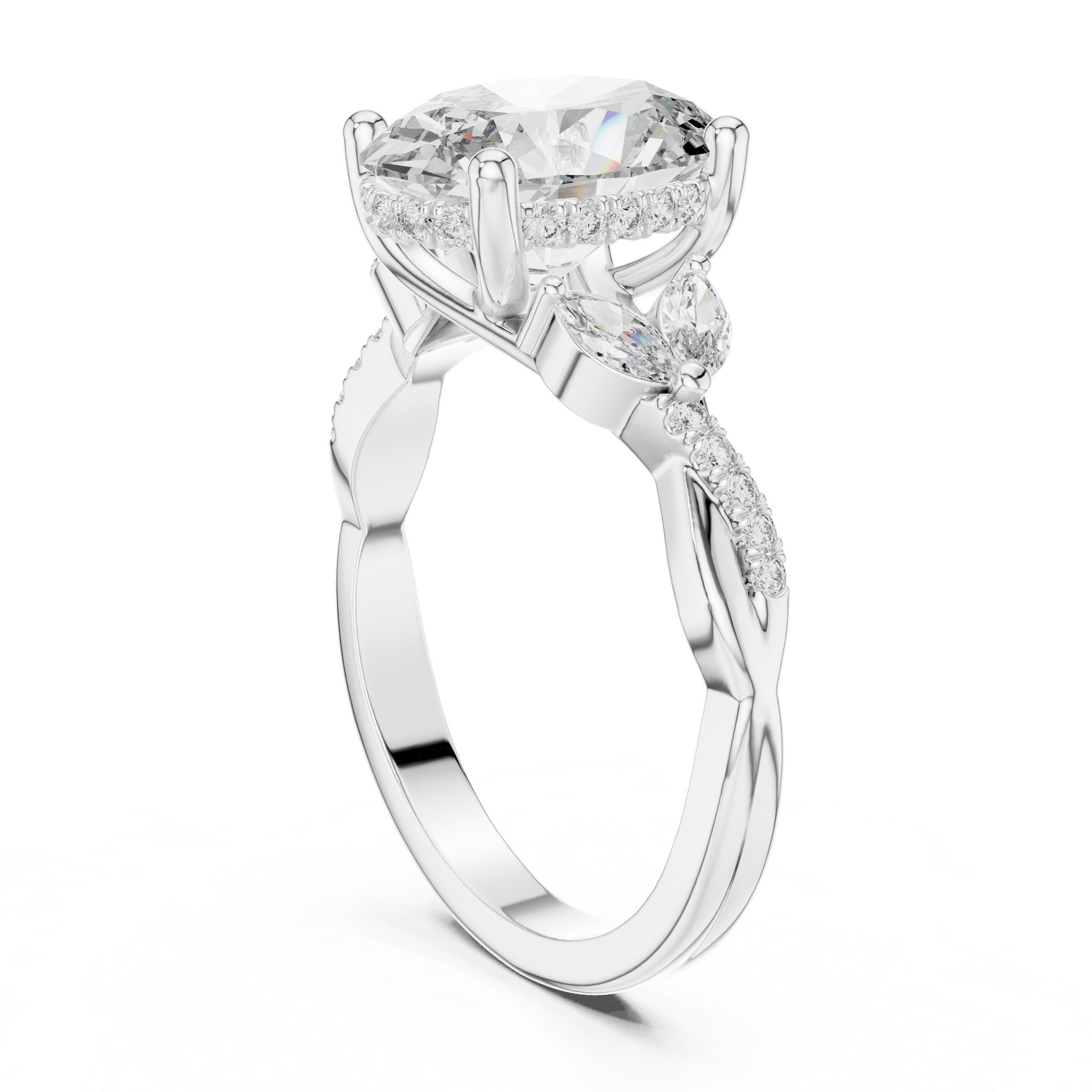 oval-cut diamond center and marquise-cut side stones.