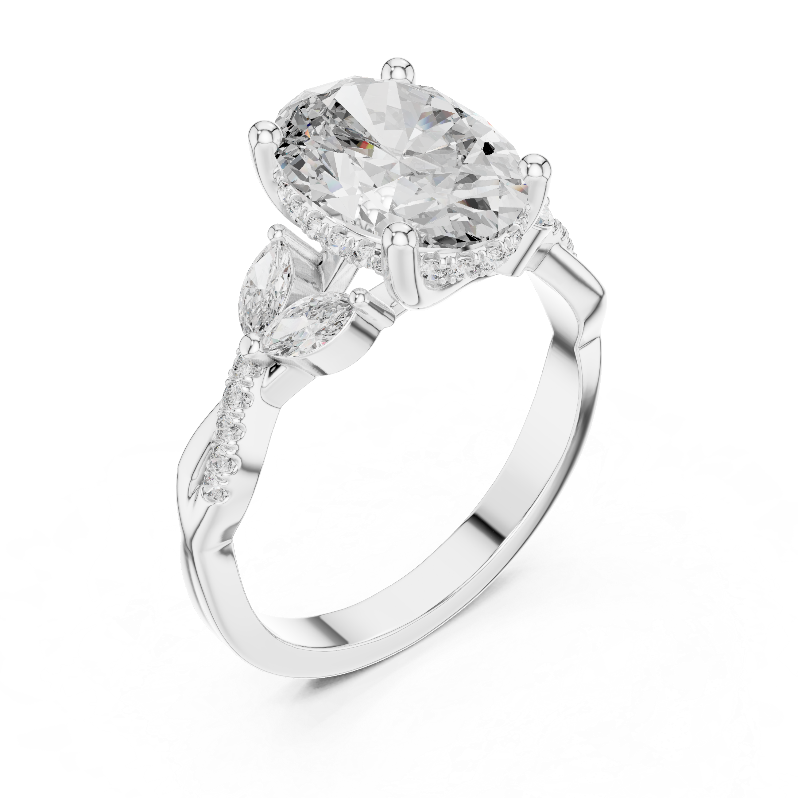 oval-cut diamond center and marquise-cut side stones.