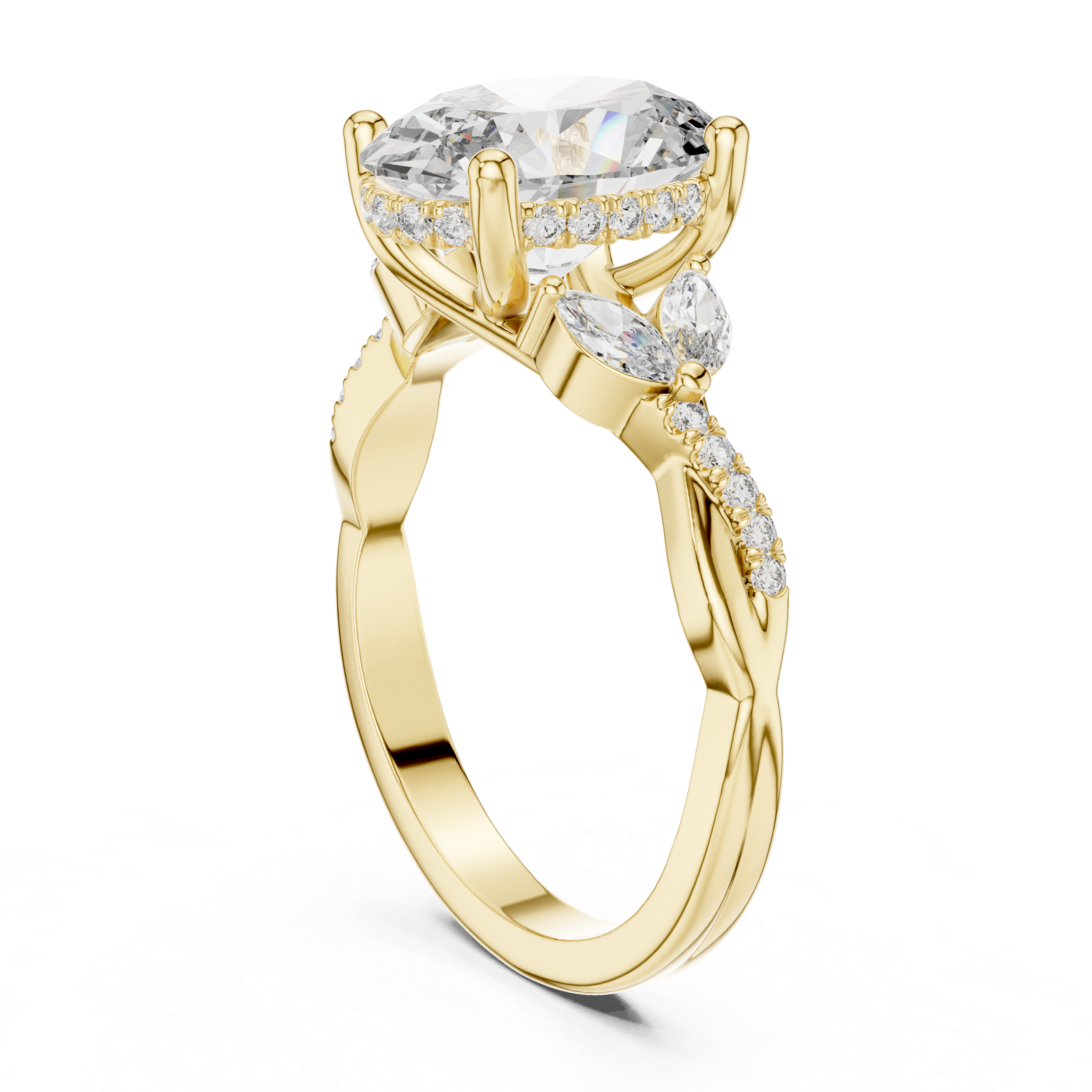 oval-cut diamond center and marquise-cut side stones.